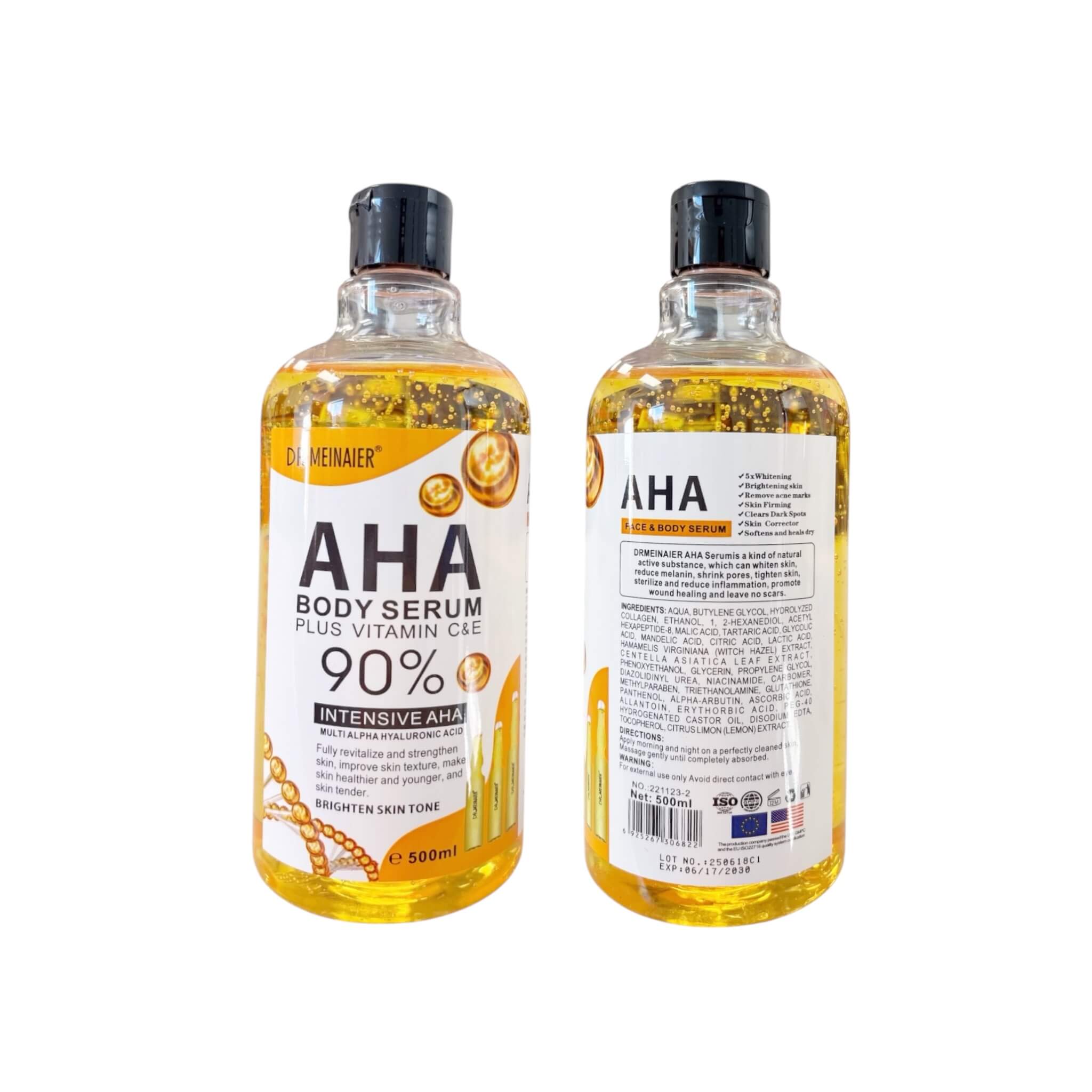 DR MEINAIER AHA Body Serum Plus Vitamin C & E 90% enriched with hyaluronic acid and collagen for skin hydration.