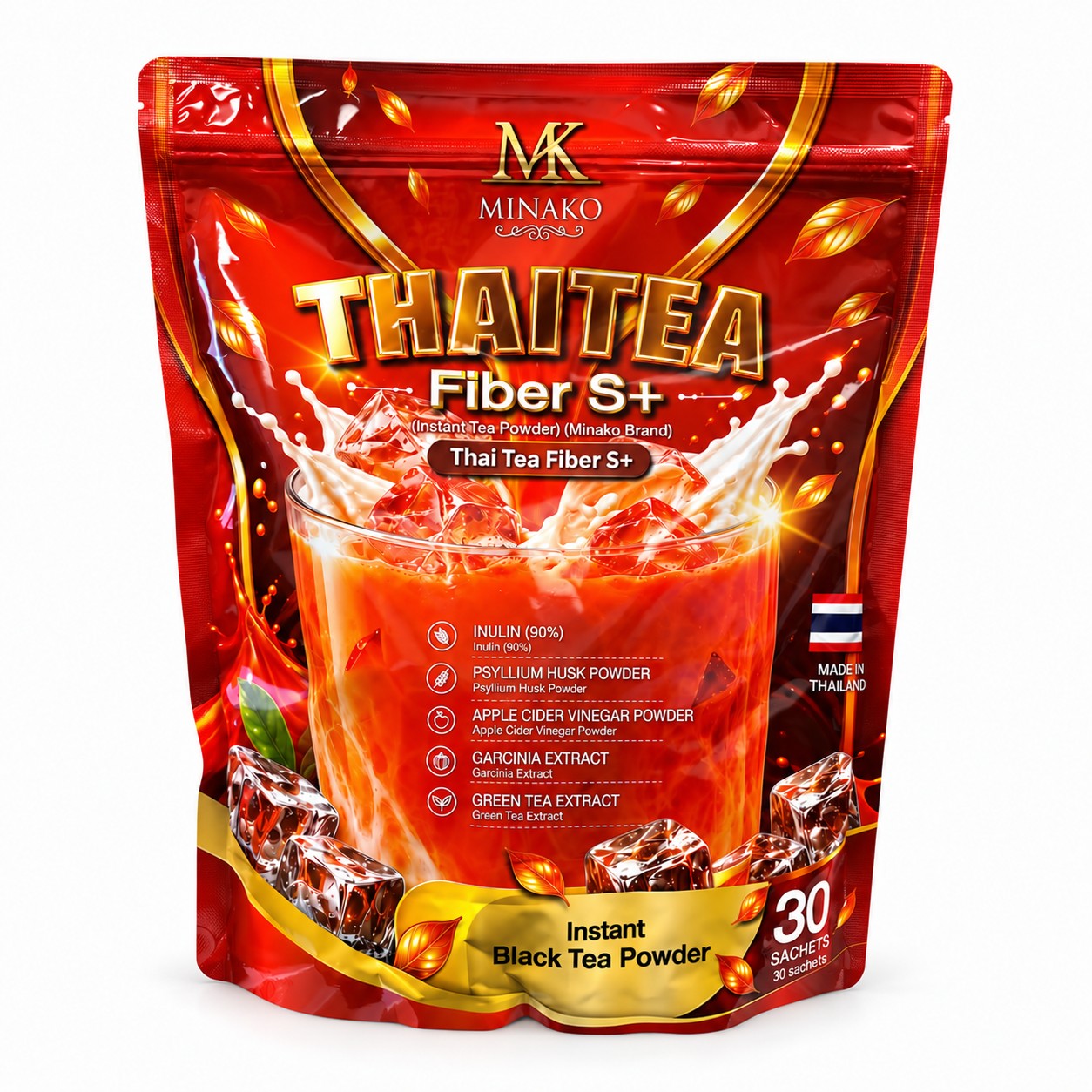 English Version Minako Thai Tea Fiber S+ Instant Black Tea Powder 300g combining black tea powder with ingredients for a creamy tea experience.