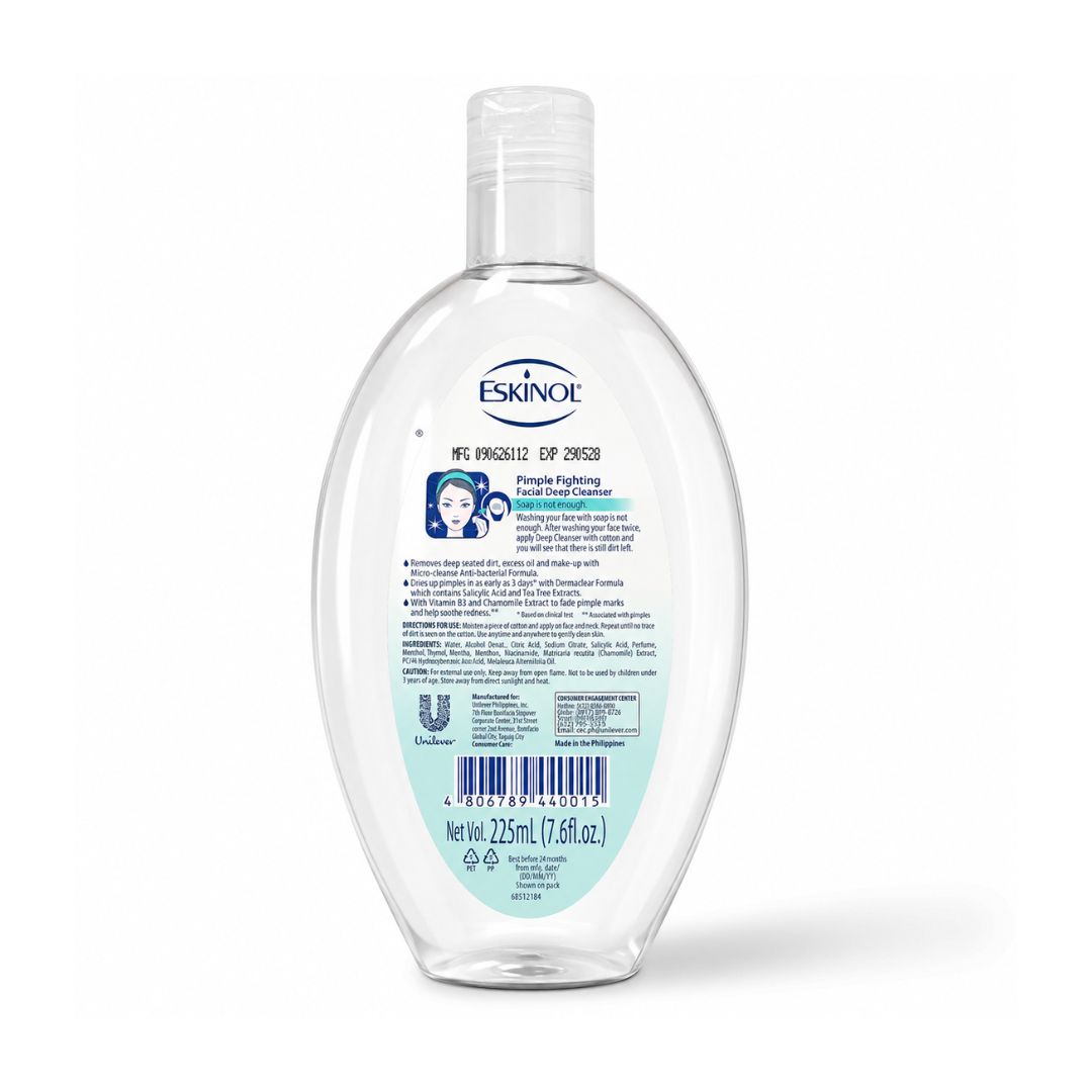 Eskinol Pimple Fighting Facial Deep Cleanser with Dermaclear Formula helps remove dirt, excess oil, and makeup residue.