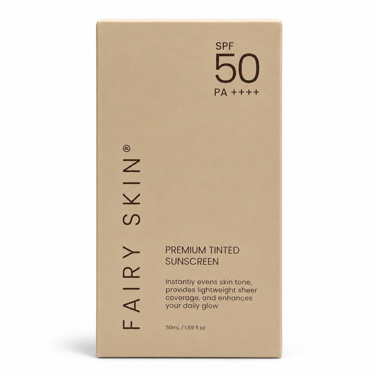 Fairy Skin Premium Tinted Sunscreen 50ml combines everyday facial care with natural-looking sheer coverage for a polished complexion.