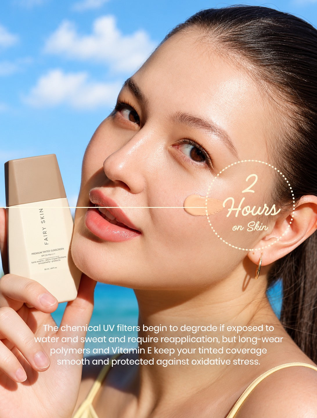 Fairy Skin Premium Tinted Sunscreen 50ml creates a smooth, soft-matte finish with comfortable everyday wear.