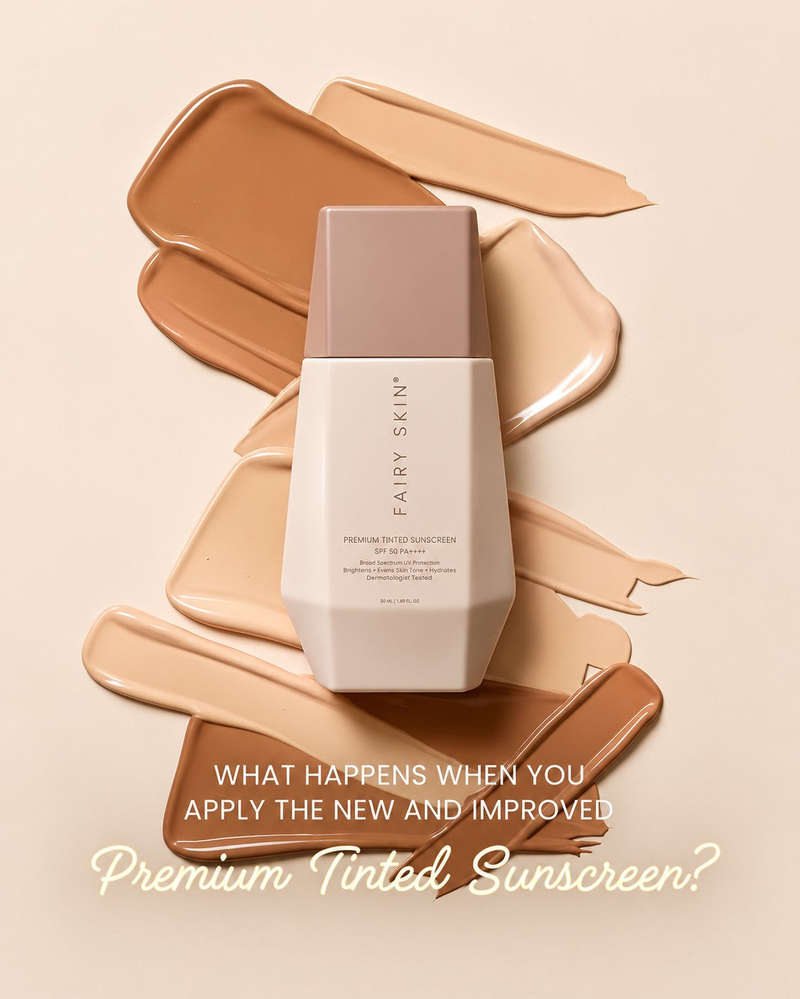 Fairy Skin Premium Tinted Sunscreen 50ml delivers breathable sheer coverage that blends naturally with the appearance of skin.