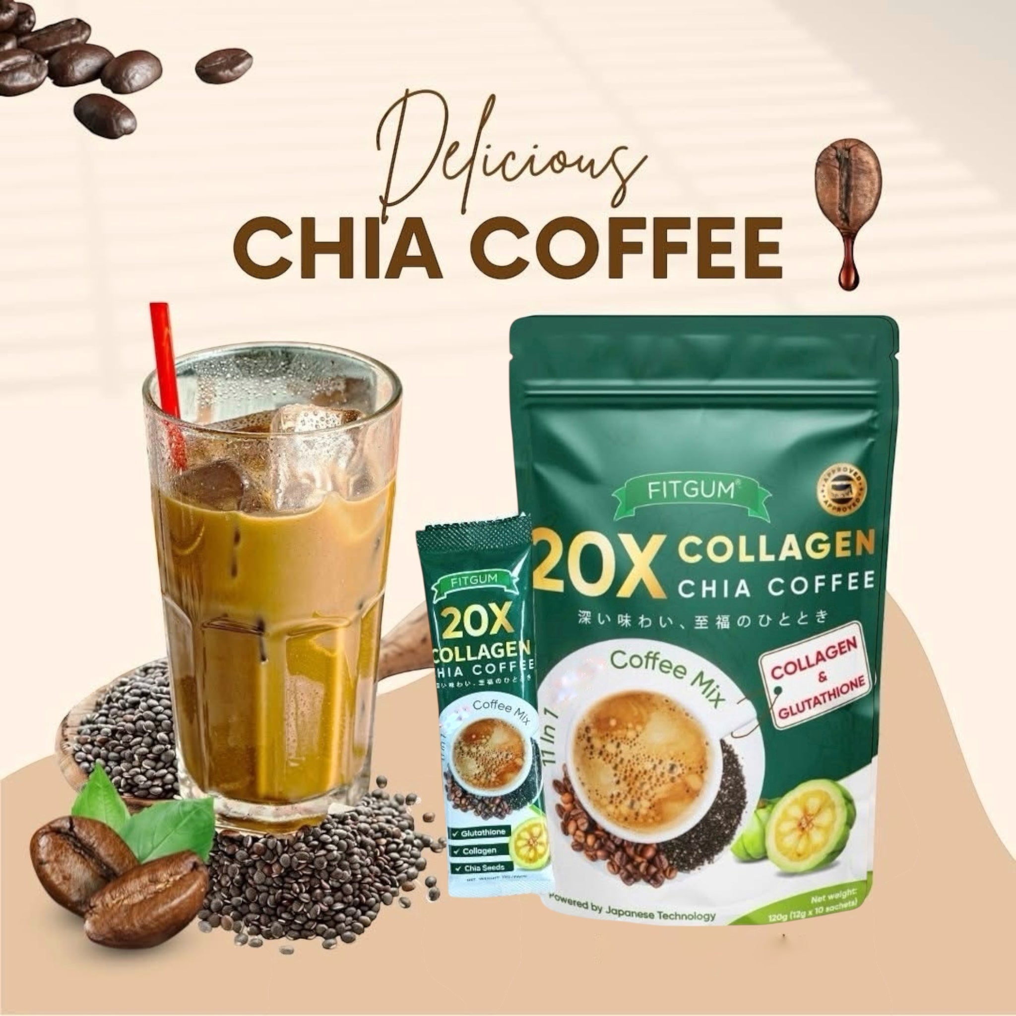 FITGUM 20X Collagen Chia Coffee - 11 in 1 Coffee Mix