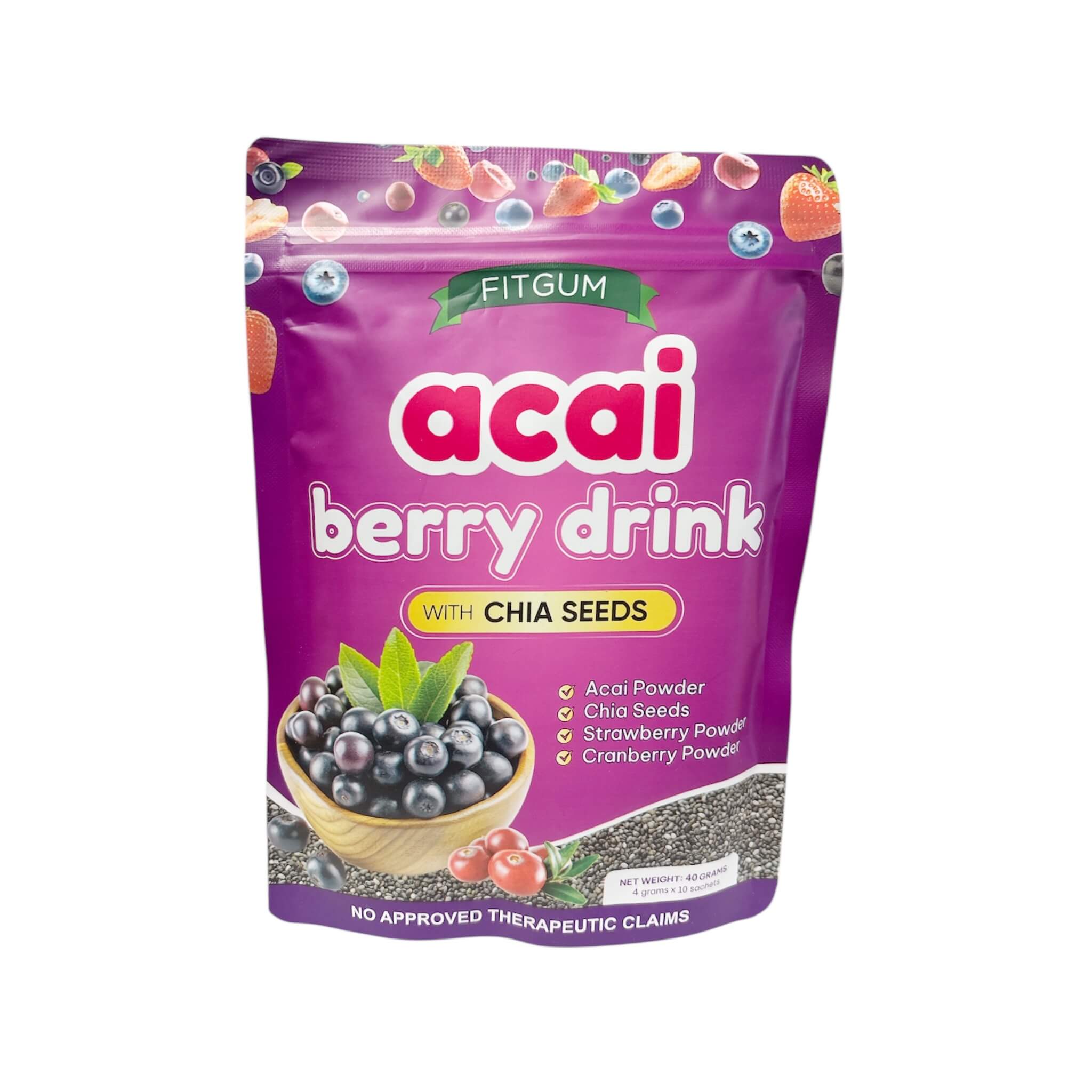 FITGUM Acai Berry Drink Powder product label highlighting brand and drink system