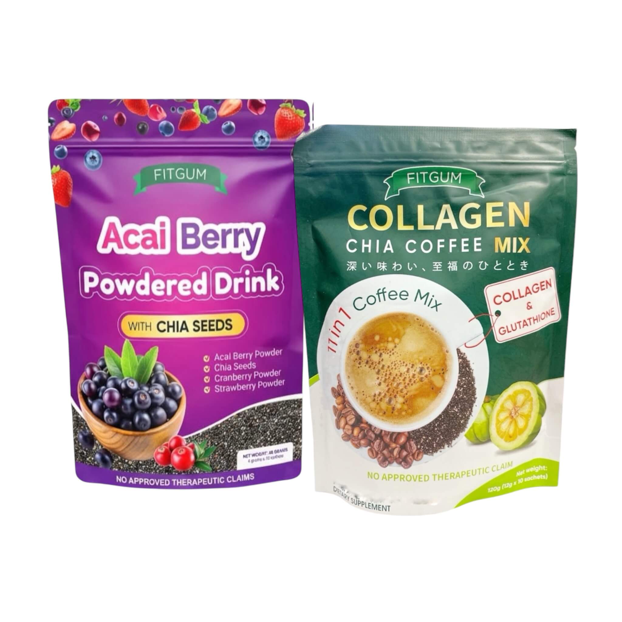 FITGUM Acai Powdered Drink with Chia Seeds and Collagen Chia Coffee Mix combo bundle easy to prepare beverage set