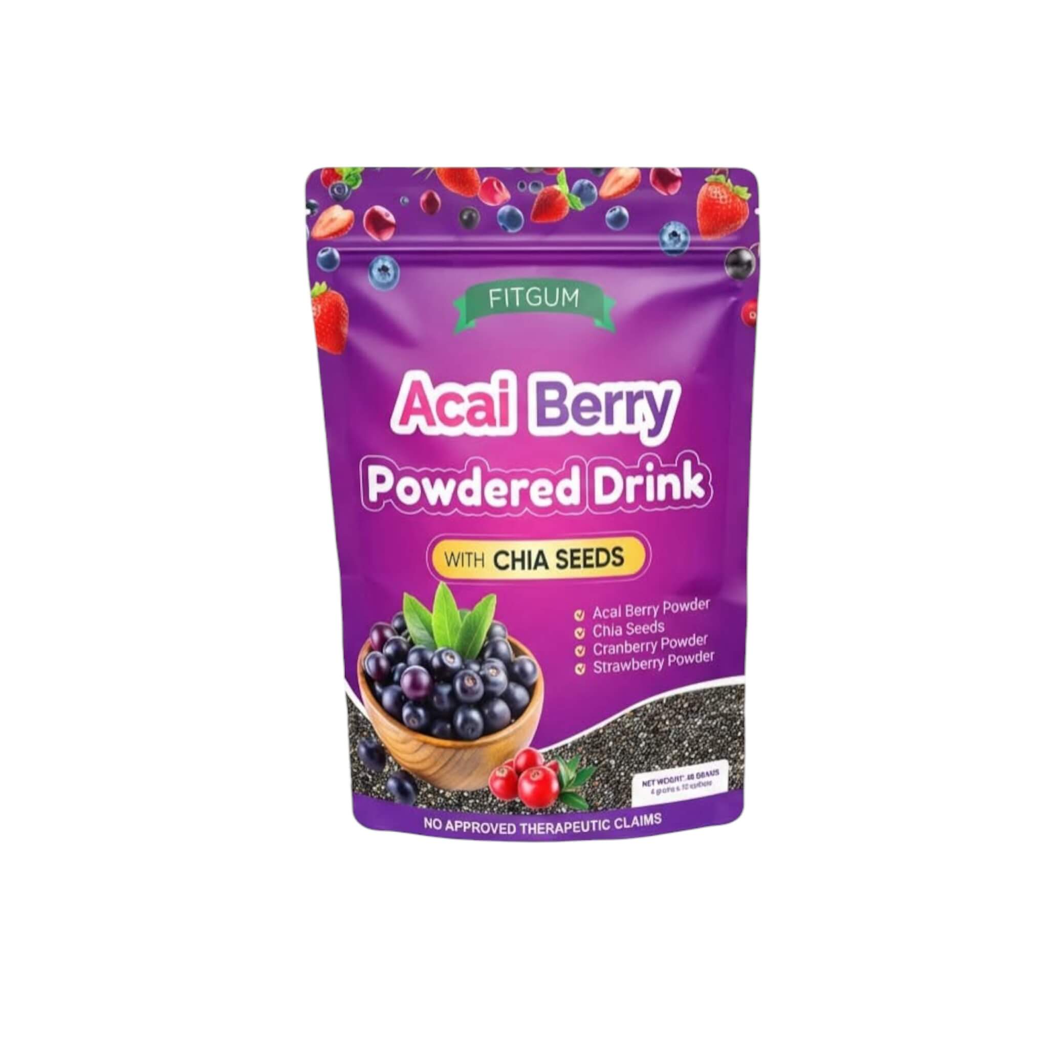 FITGUM Acai Powdered Drink Powder with Chia Seeds refreshing berry flavored drink mix