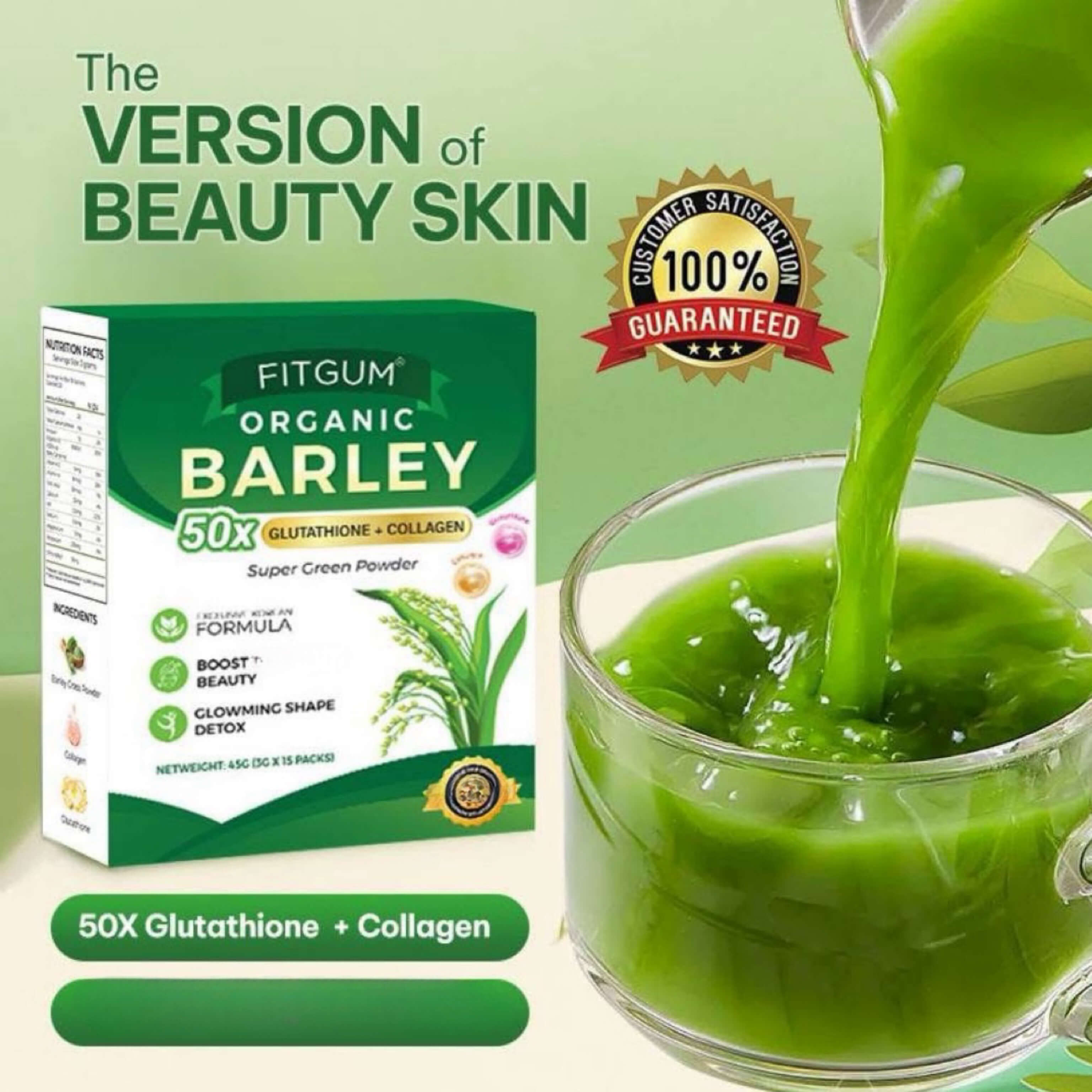 FITGUM Organic Barley 50X Glutathione & Collagen Super Green Powder helps promote natural energy