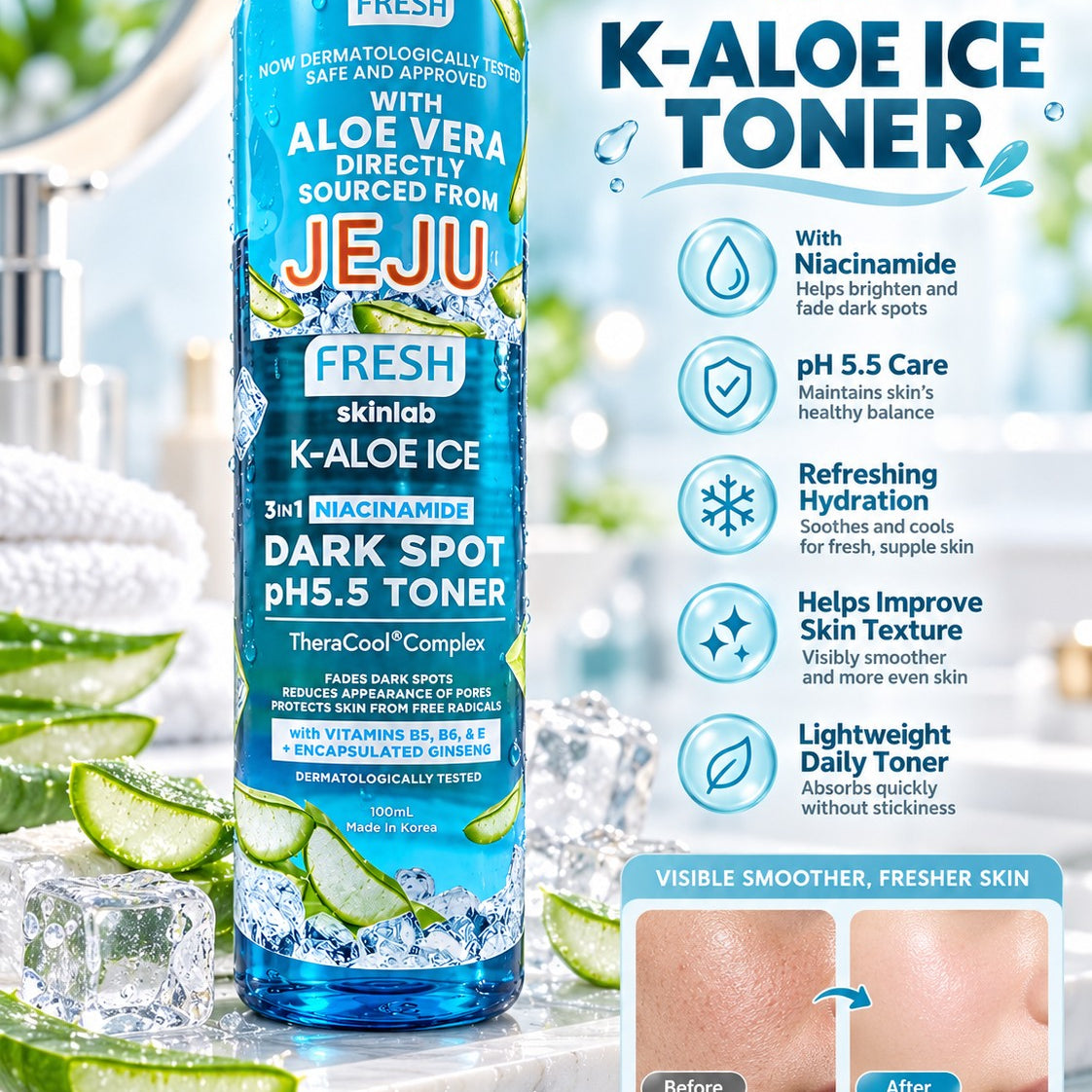 Fresh Skinlab K-Aloe Ice Toner with Aloe Vera for lightweight daily hydration.