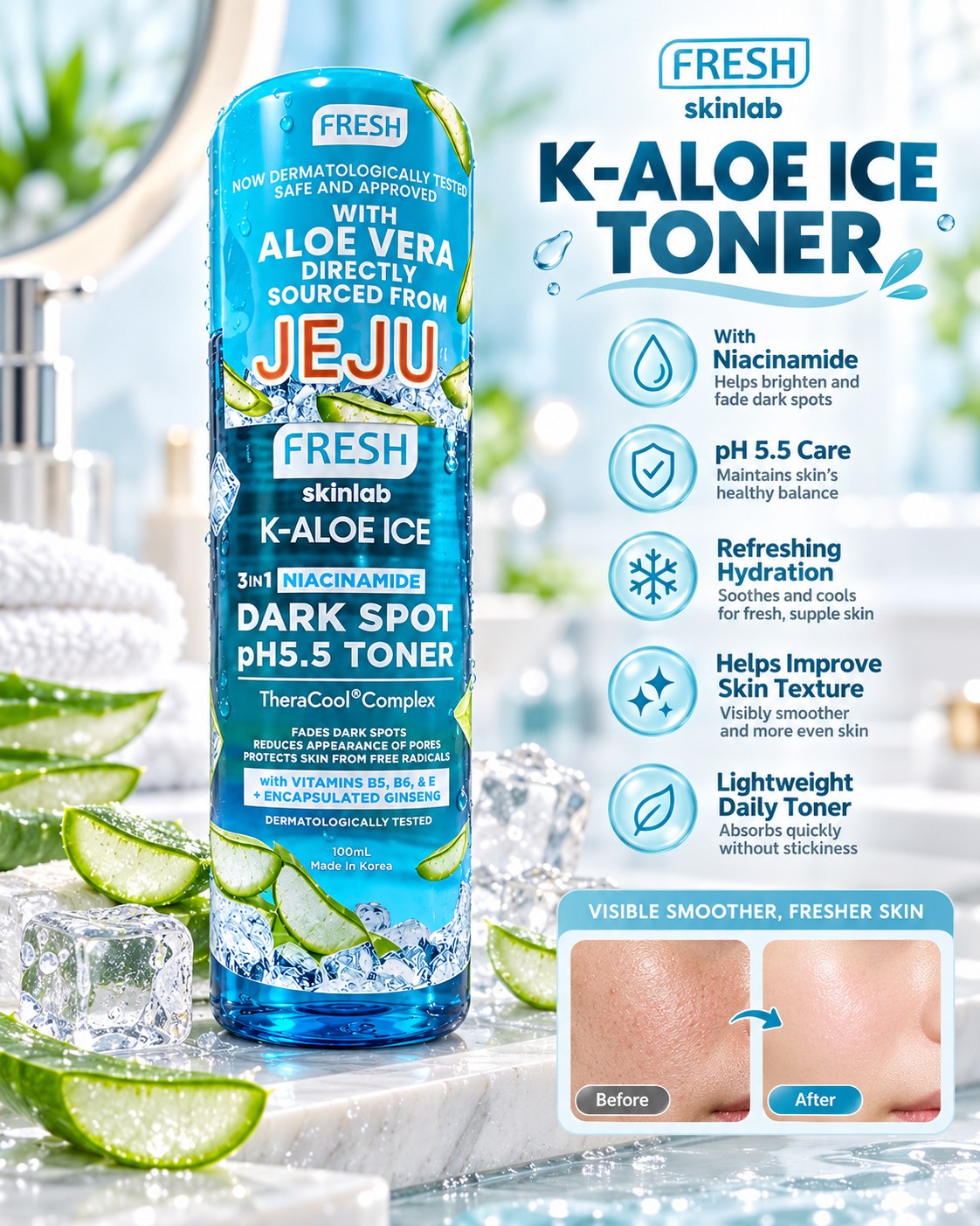 Fresh Skinlab K-Aloe Ice Toner with Aloe Vera for lightweight daily hydration.