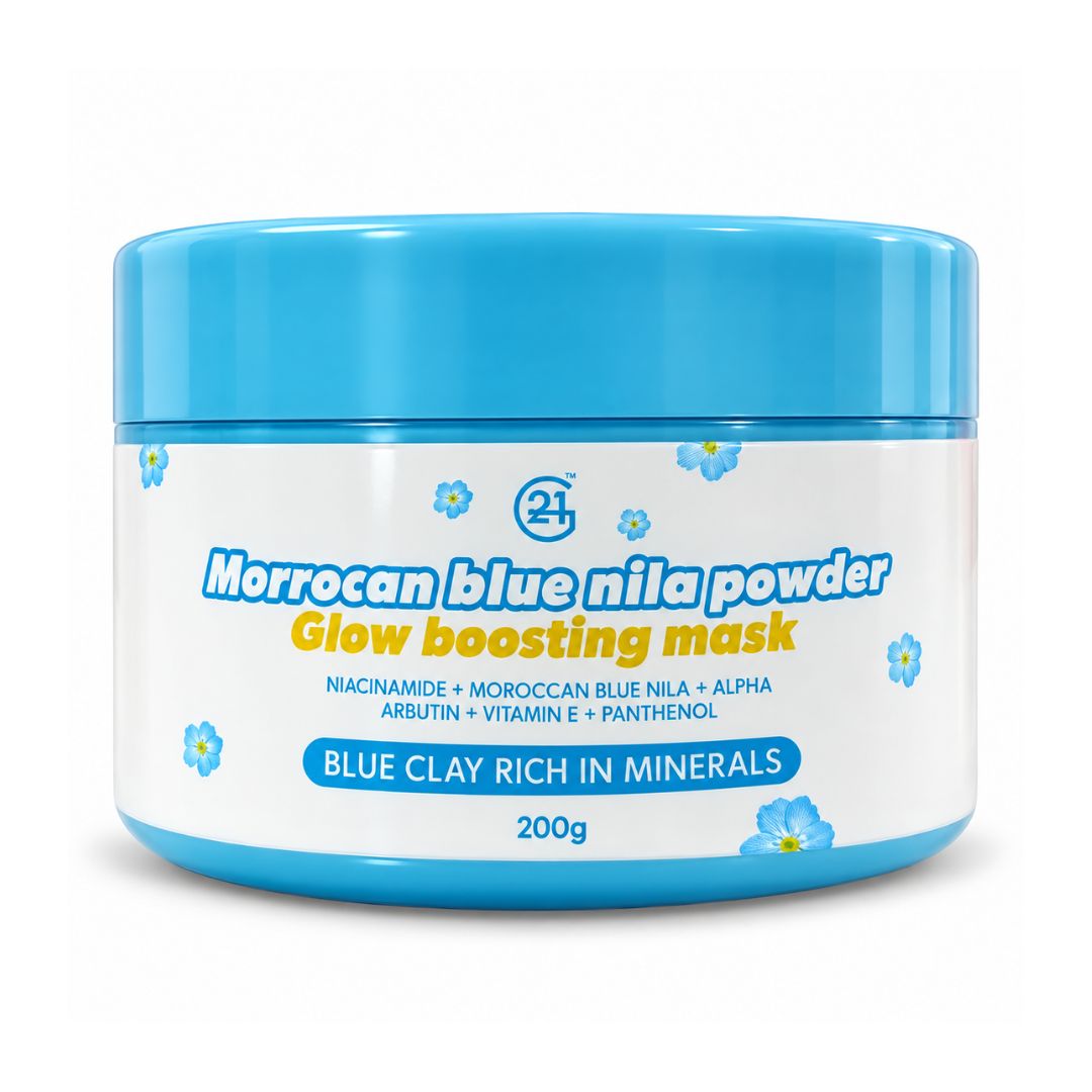 G21 Moroccan Blue Nila Powder Face & Body Mask, 200g for a refreshing face and body skincare ritual.