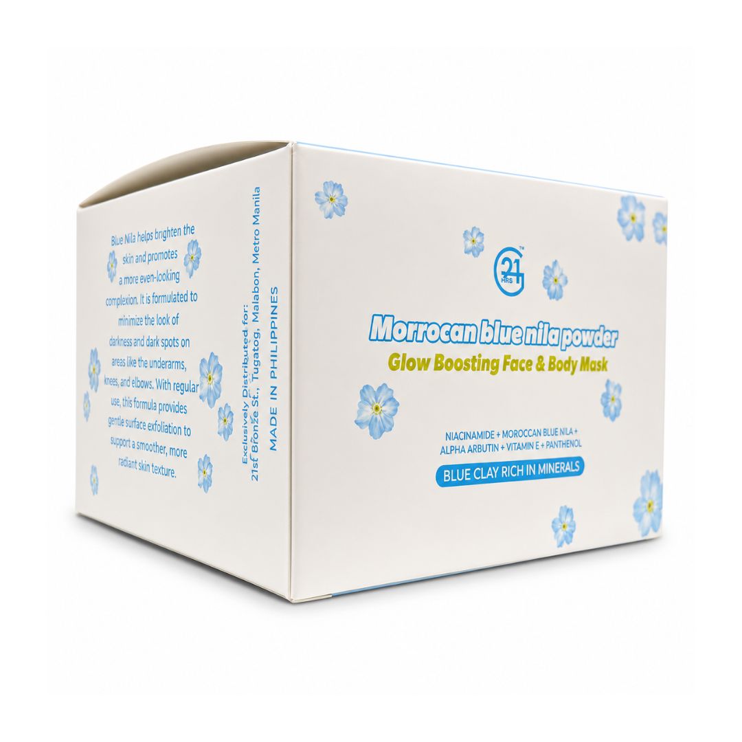 G21 Moroccan Blue Nila Powder Face & Body Mask, 200g formulated with Niacinamide and Alpha Arbutin for a refined-looking complexion.