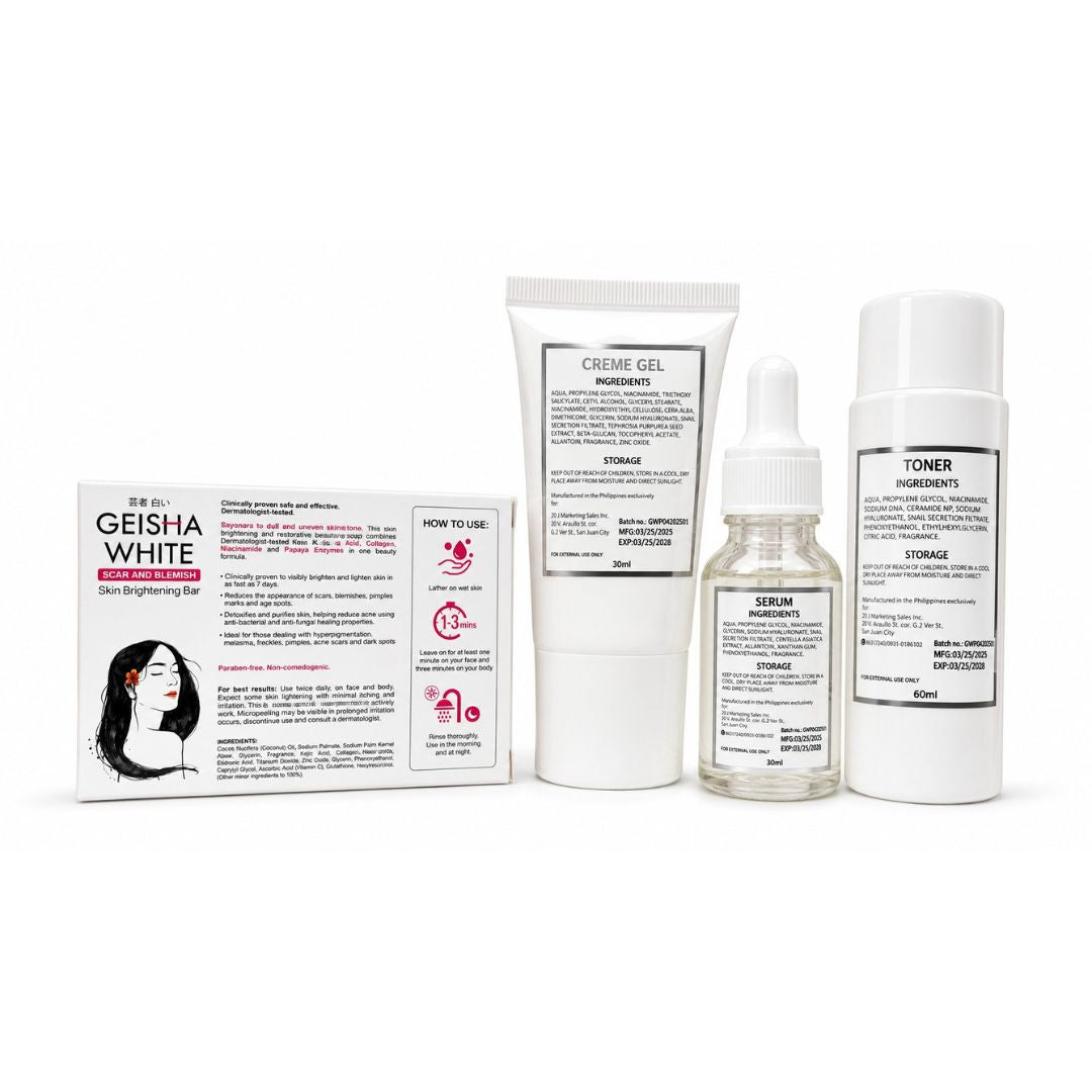 Geisha White PDRN + Kojic Beauty Renew Set layered skincare system with PDRN hyaluronic acid and niacinamide