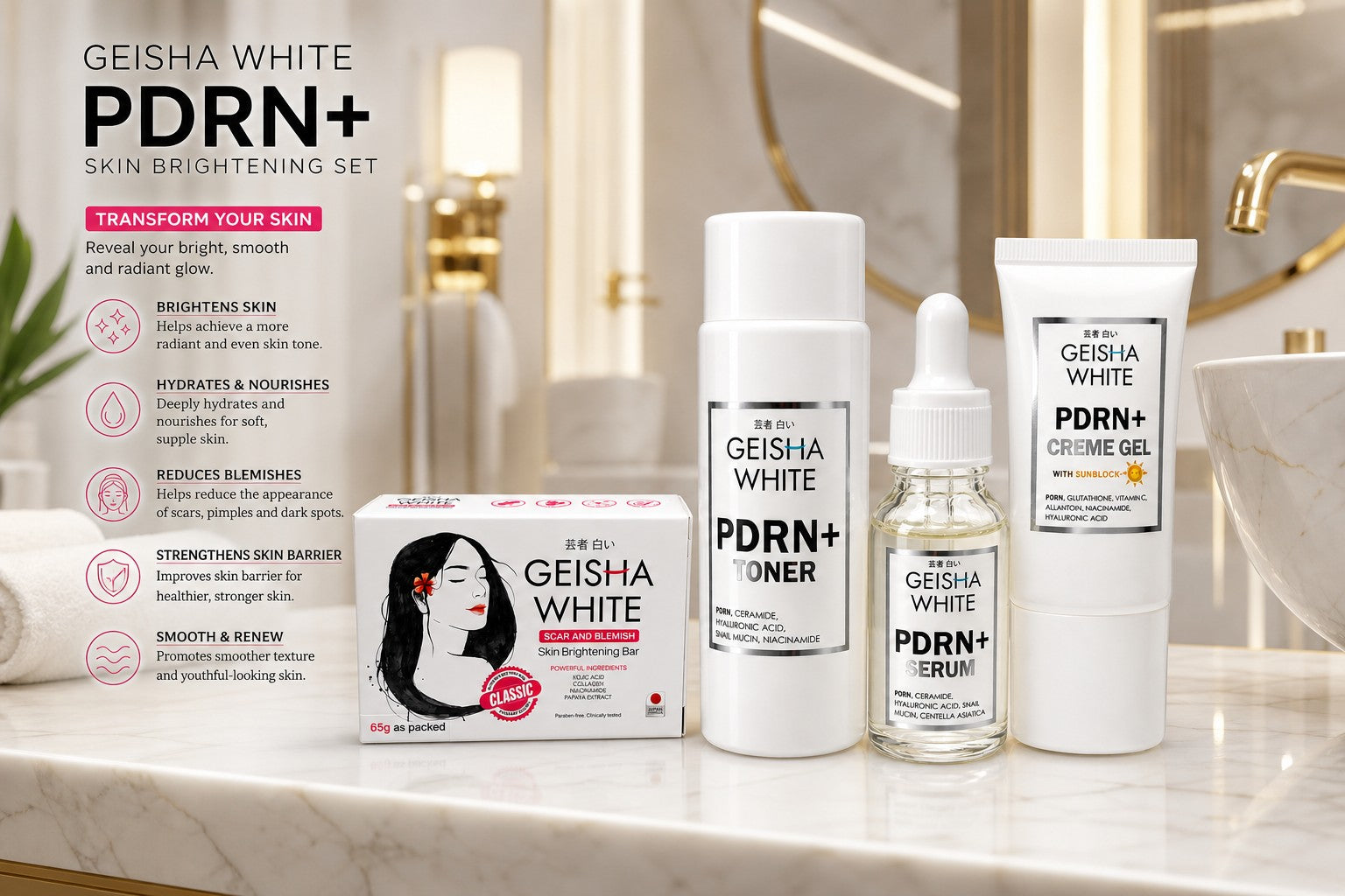 Geisha White PDRN + Kojic Beauty Renew Set (4-Step Skincare Kit) – Complete Routine with Soap, Toner, Serum & Crème Gel