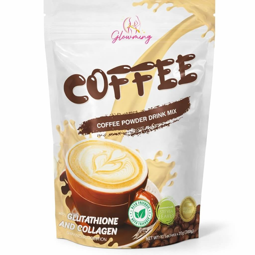 Glowming Cafe Latte Coffee Powder Drink Mix with collagen and glutathione stevia sweetened sugar free wellness coffee drink