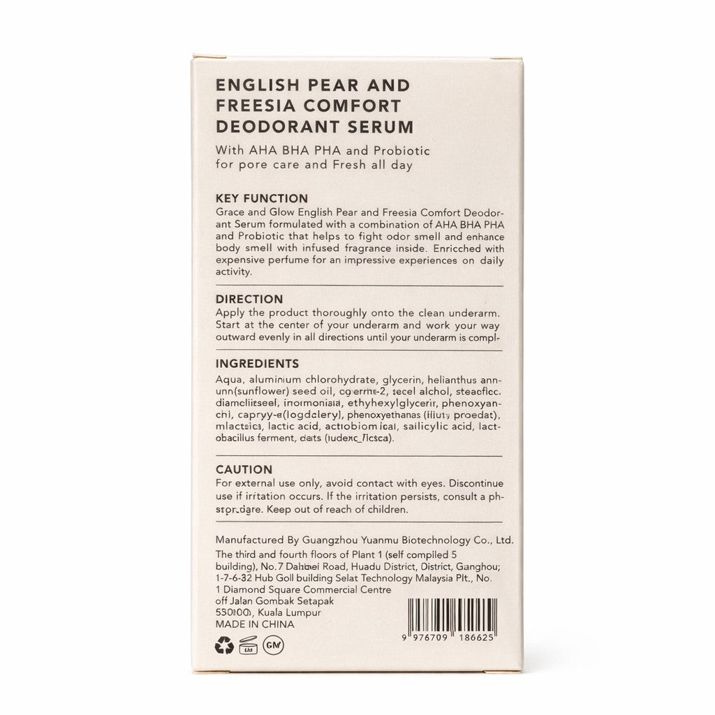 Grace and Glow English Pear & Freesia Comfort Deodorant Serum 50ml lightweight serum for everyday underarm routine