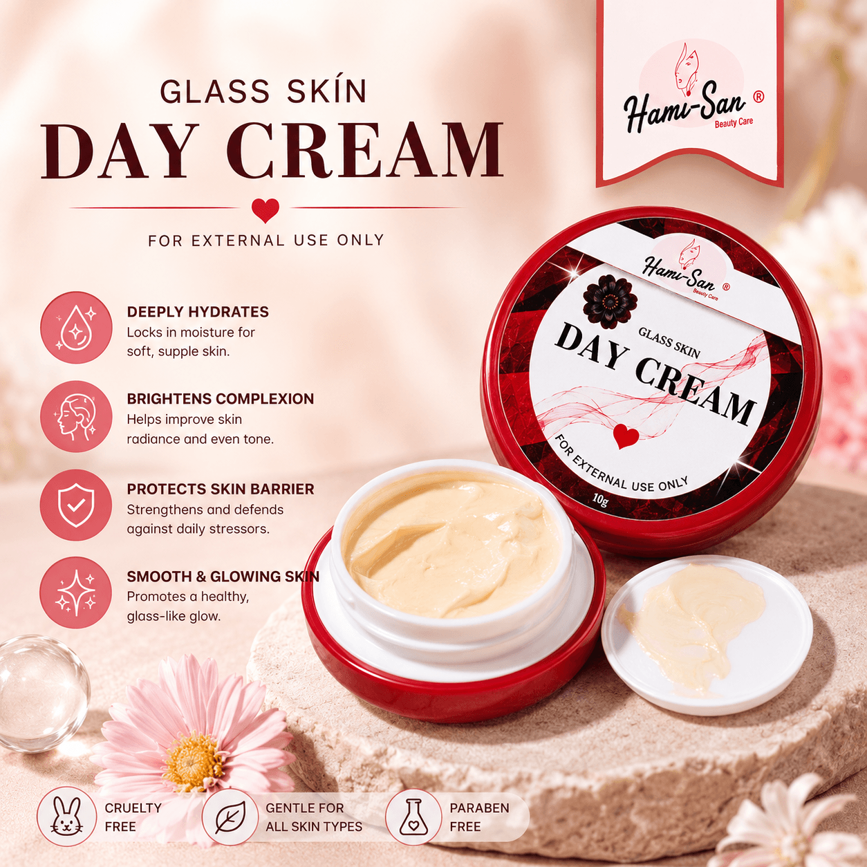 Hami-San Glass Skin Day Cream hydrating facial cream for soft smooth-looking skin
