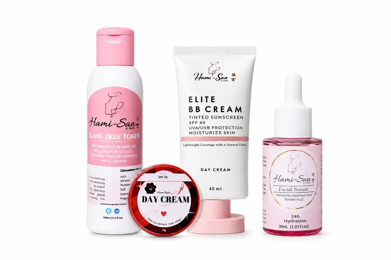 Hami-San Glass Skin Set niacinamide daily skincare routine with toner serum day cream and SPF40 BB cream