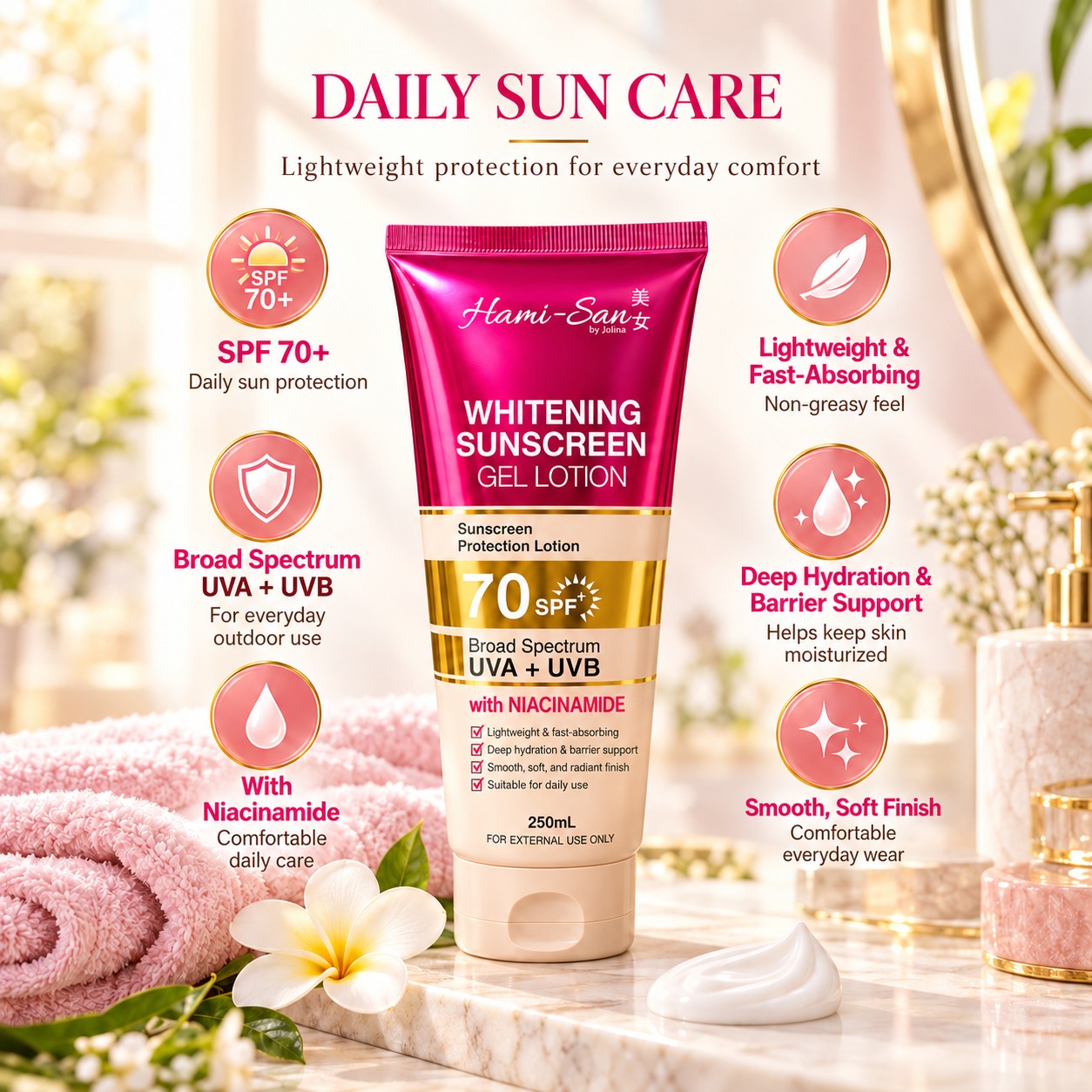 Hami-San Sunscreen Gel Lotion SPF 70+ 250mL with Niacinamide for smooth and well-hydrated skin.