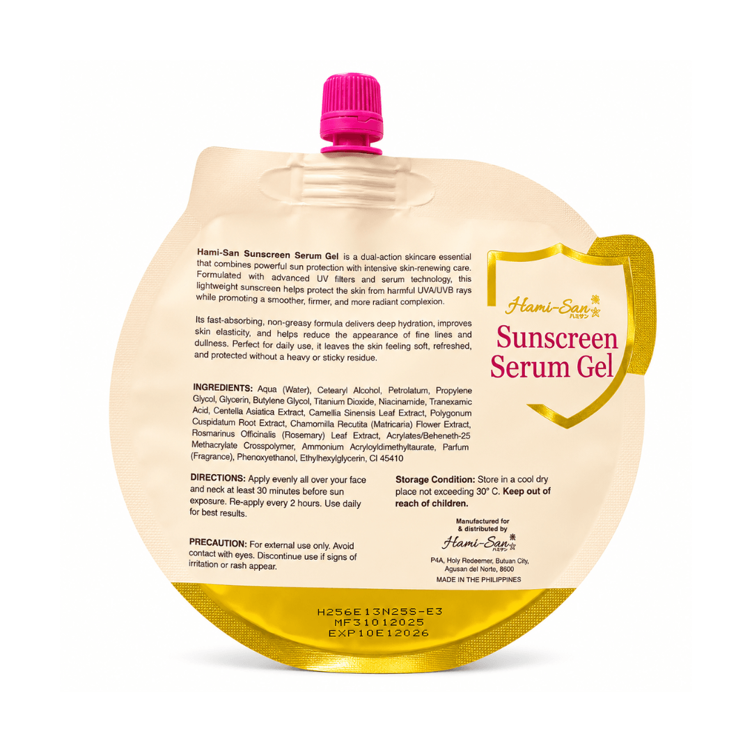 Hami-San Sunscreen Serum Gel with a lightweight, fast-absorbing formula designed for everyday facial sun care.