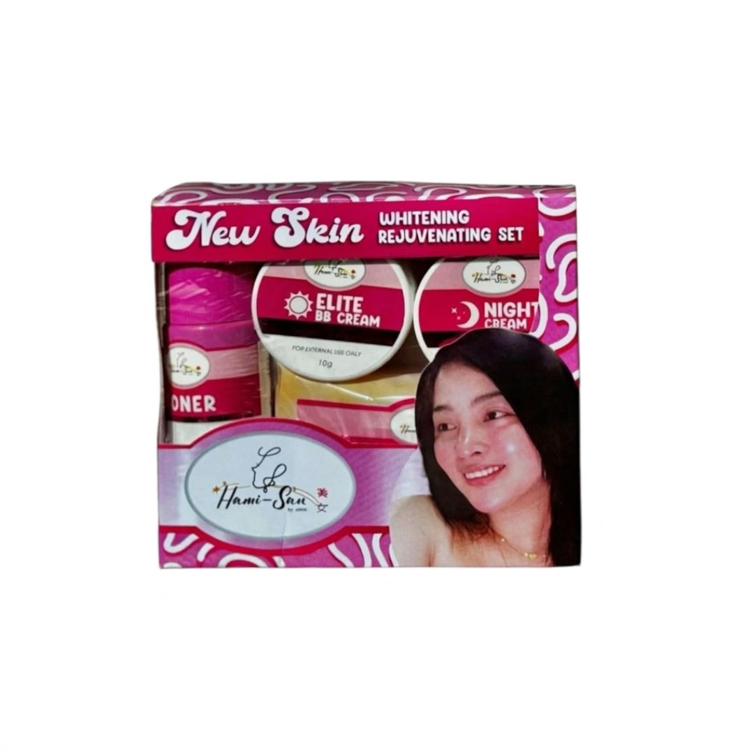 Hami-San Whitening Rejuvenating Set facial care routine with soap toner night cream and day cream