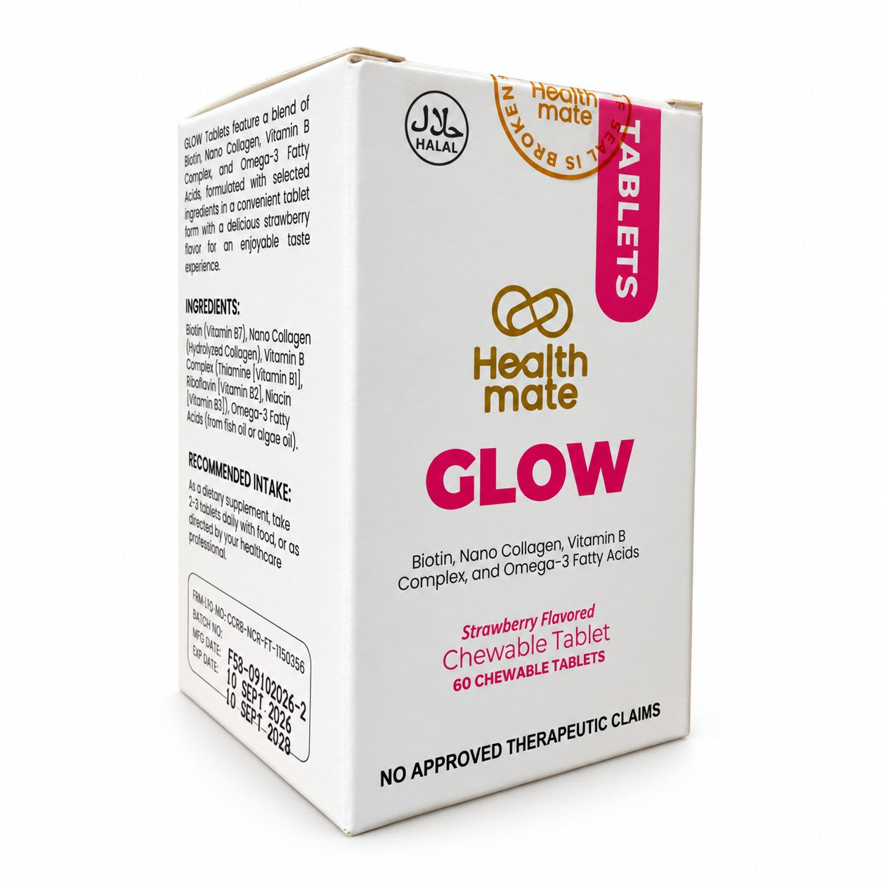 Healthmate GLOW Strawberry Chewable Tablets 60s featuring Biotin, Nano Collagen, Vitamin B Complex, and Omega-3 Fatty Acids.