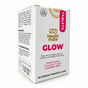 Healthmate GLOW Strawberry Chewable Tablets 60s featuring Biotin, Nano Collagen, Vitamin B Complex, and Omega-3 Fatty Acids.