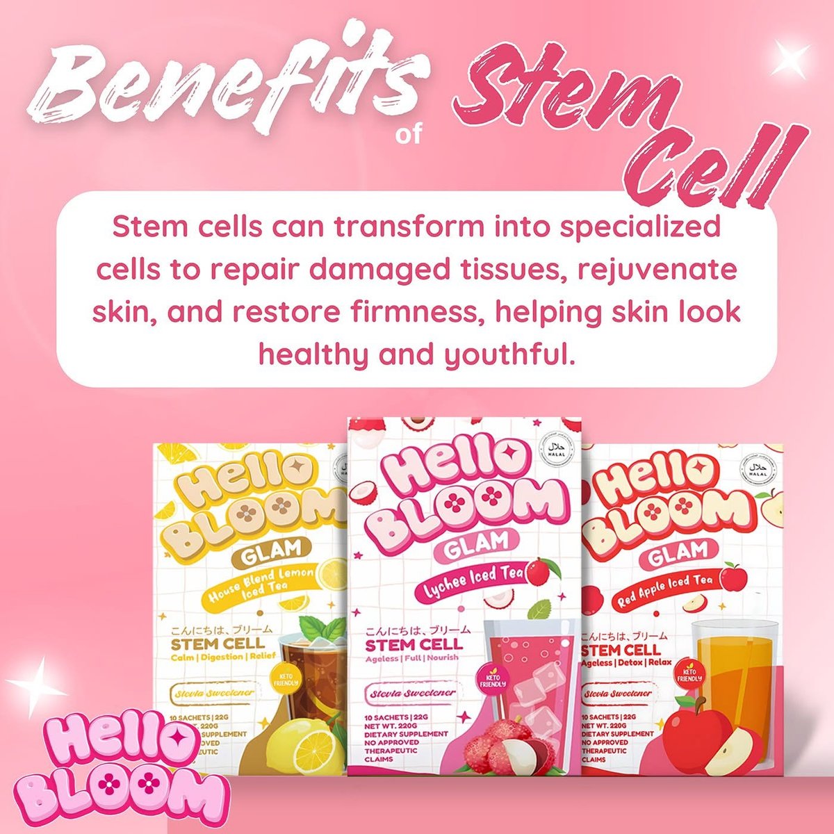 Hello BLOOM GLAM Stem Cell Red Apple Iced Tea Drink (10 Sachets)