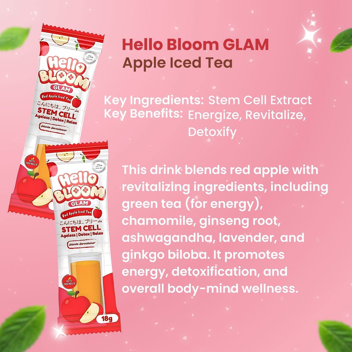 Hello BLOOM GLAM Stem Cell Red Apple Iced Tea Drink (10 Sachets)