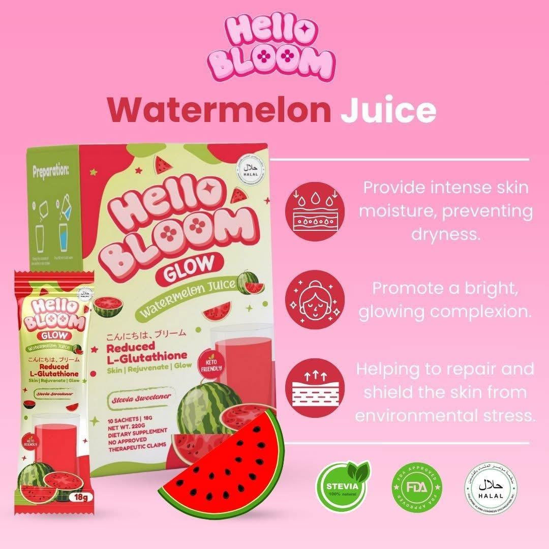 Hello BLOOM GLOW Watermelon Juice with vibrant fruity flavor and easy prep

