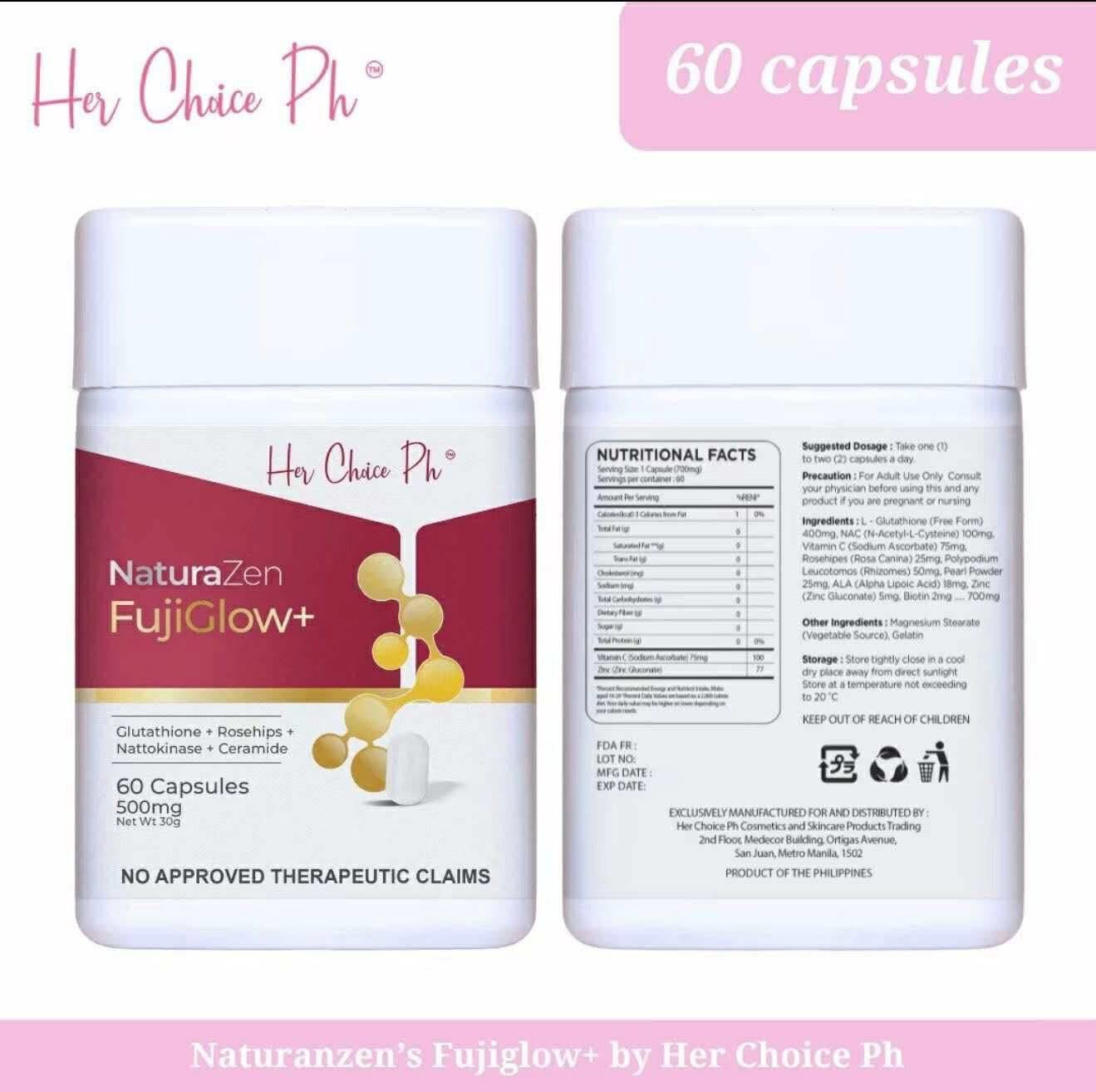 Her Choice PH NaturaZen FujiGlow+ Glutathione with Rosehips, Nattokinase, Ceramide & Inositol – 60 Capsules (500mg)