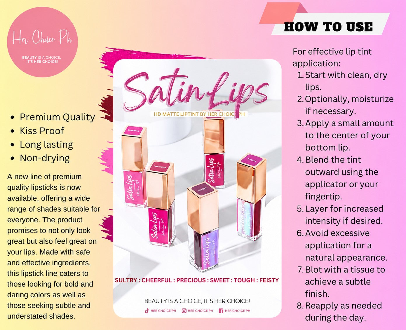 HER CHOICE PH Satin Lips HD Matte Liptint TOUGH Shade 5ml – Velvet Lip Tint, Soft Satin Finish