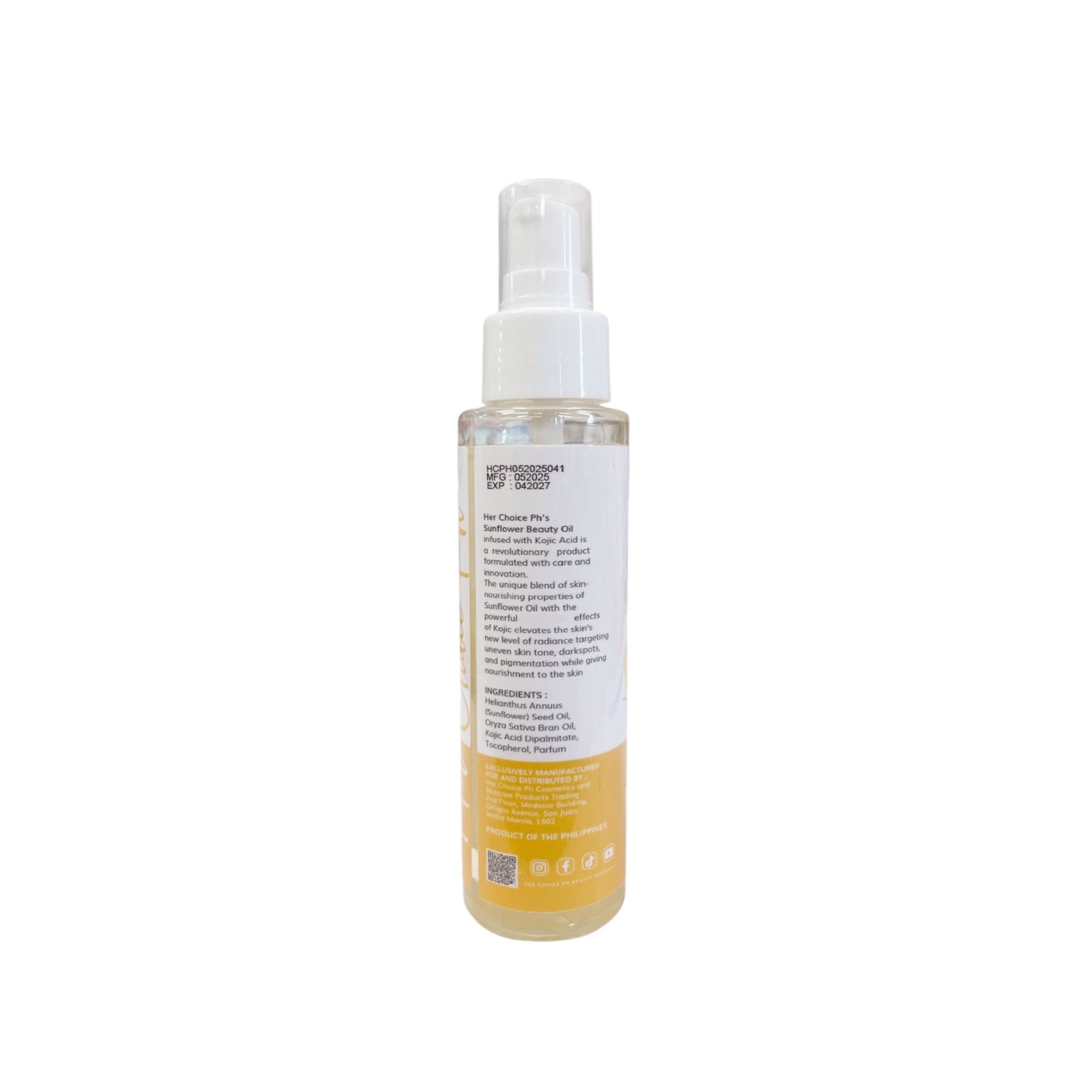 Her Choice PH Sunflower Beauty Oil with Kojic Acid 100ml gives a natural glow