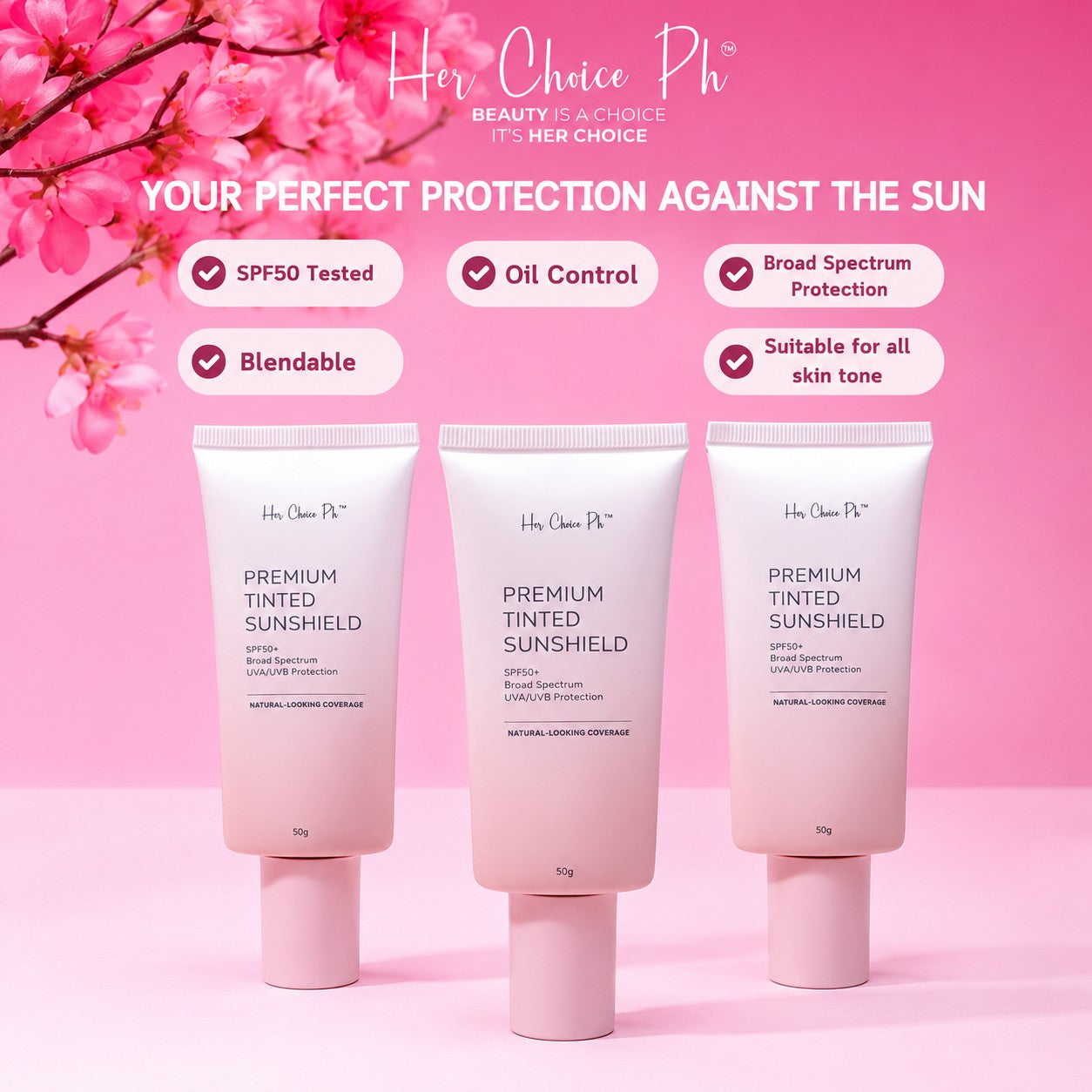 Her Choice Premium Tinted Sunshield with a lightweight formula designed for comfortable everyday wear.