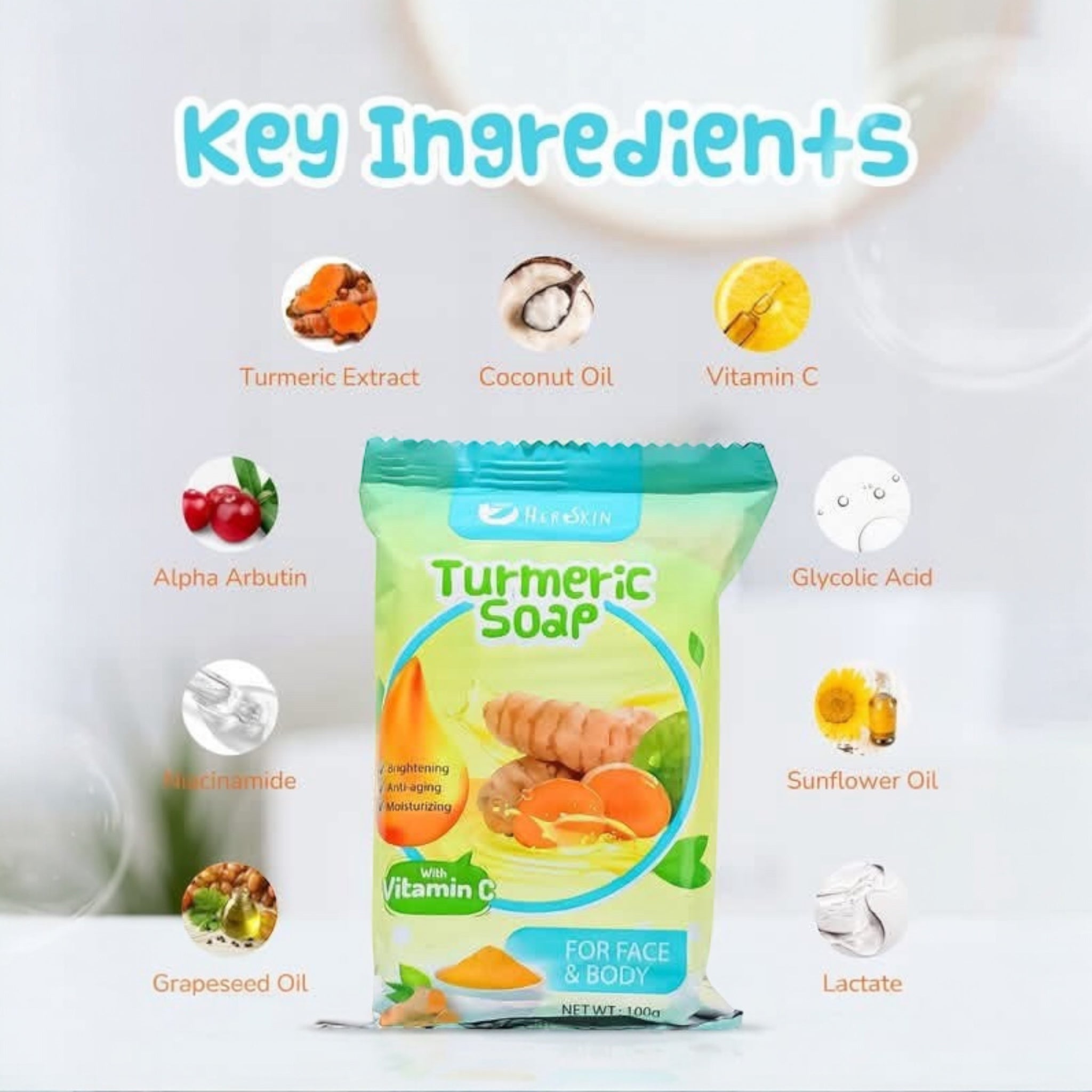 2 Bars Her Skin Turmeric Soap with Vitamin C moisturizing bar soap suitable for all skin types