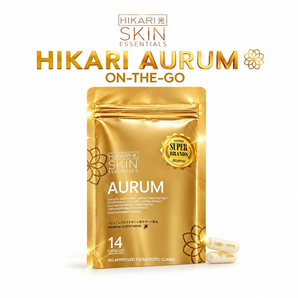 Hikari Aurum capsules featuring glutathione alongside selected plant extracts.