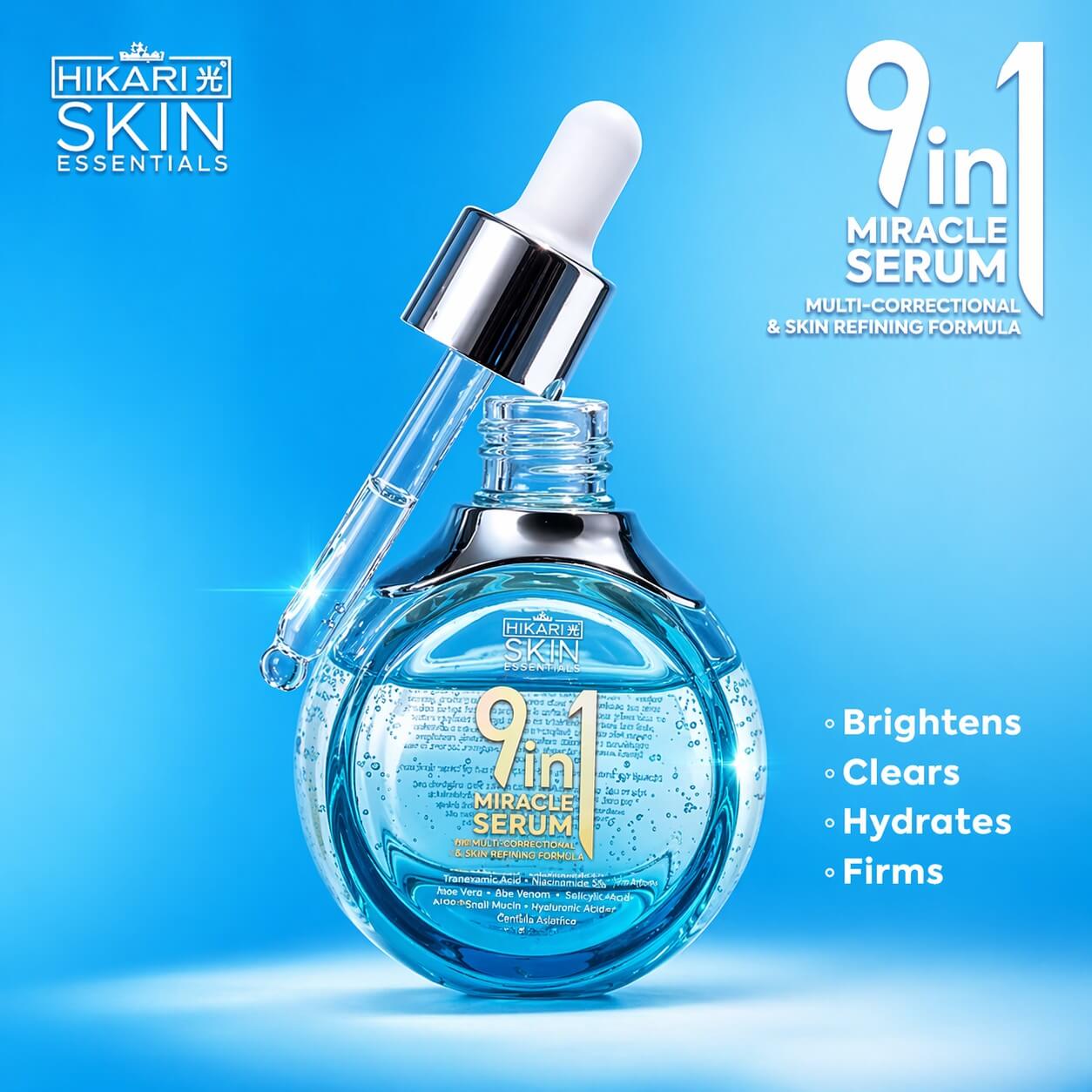 Hikari Skin Essentials 9-in-1 Miracle Serum with alpha arbutin and hyaluronic complex for moisture support