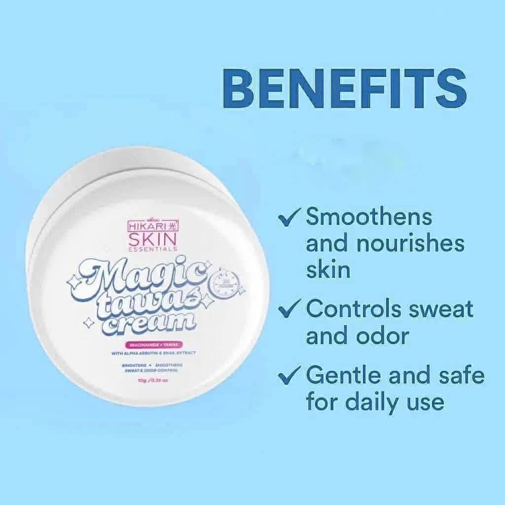 Hikari Skin Essentials Magic Tawas Cream 10g designed for underarms knees elbows and inner thighs
