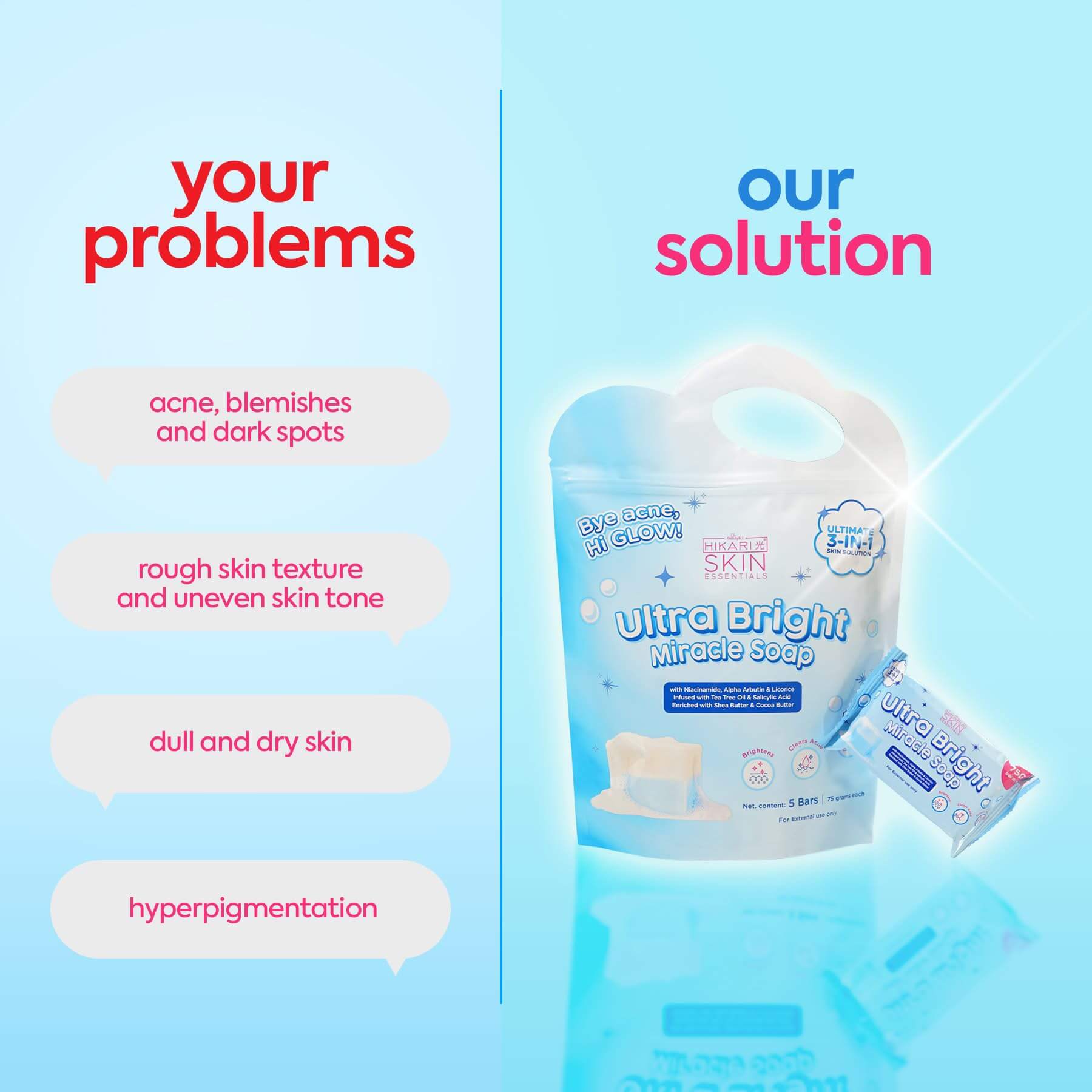 Hikari Skin Essentials UltraBright Miracle Soap 5 Bars easy daily use for all skin types
