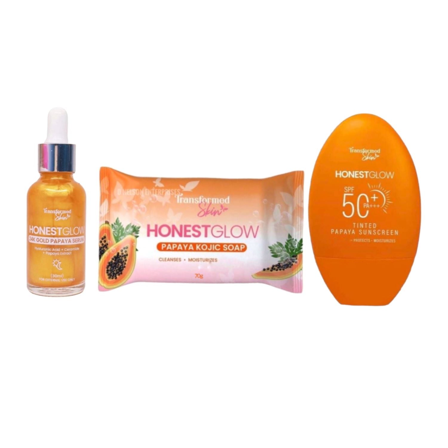 HonestGlow Papaya Beauty Combo: 24K Gold Papaya Serum, 70g Kojic Papaya Soap & Tinted Papaya Sunscreen