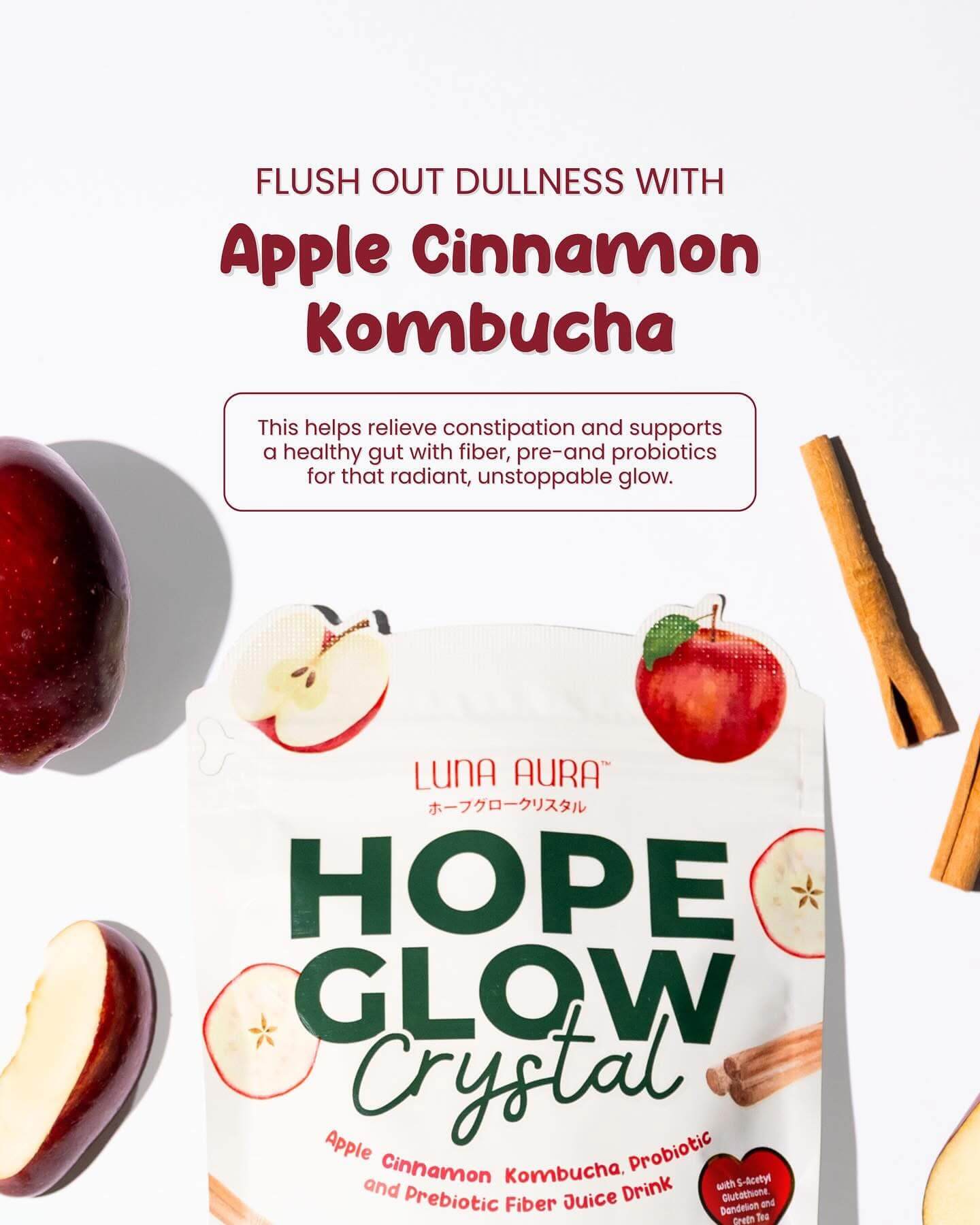 HOPE GLOW Crystal Apple Cinnamon Kombucha with refreshing fruity apple cinnamon taste