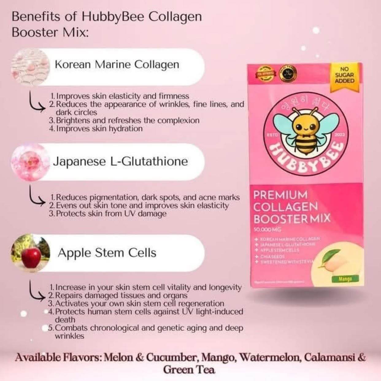 Hubby Bee Melon & Cucumber Premium Collagen Booster Mix 10 Sachets with natural fruity flavor