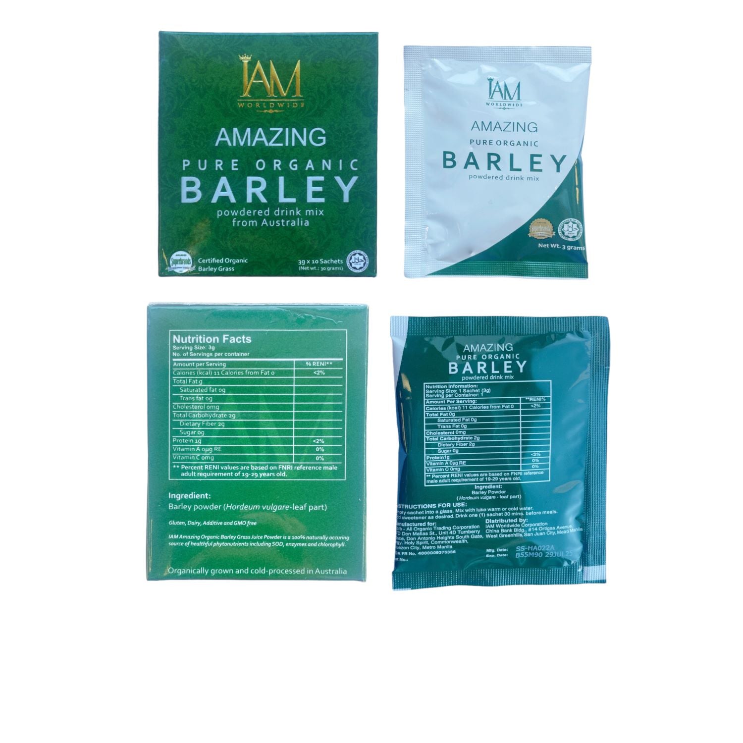 2 Boxes IAM Worldwide Amazing Pure Organic Barley Powdered Drink Mix