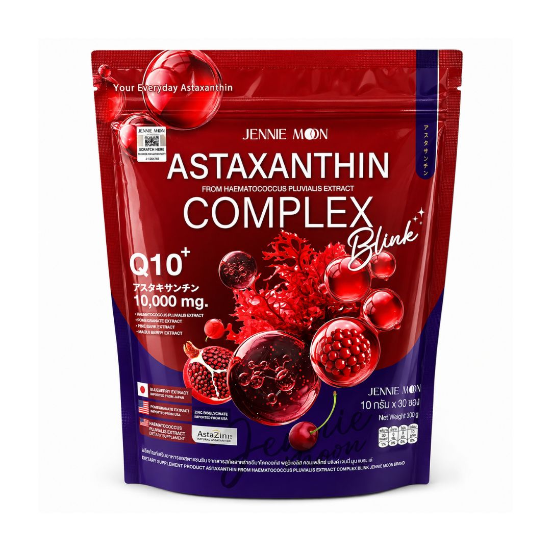 Jennie Moon Astaxanthin Complex Blink Q10+ Drink Mix featuring Astaxanthin and CoQ10 in a convenient daily formula.