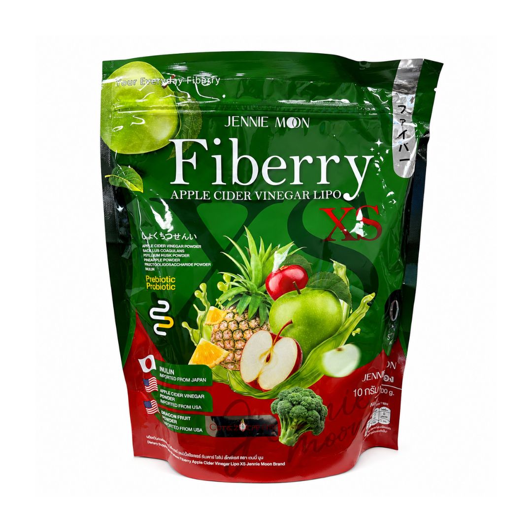 Jennie Moon Fiberry Apple Cider Vinegar Lipo XS with apple cider vinegar powder in a mixable drink formula.