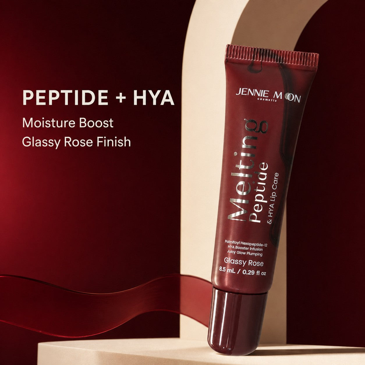 Jennie Moon Melting Peptide & HYA Lip Care Glassy Rose delivers a smooth, glossy-looking finish.