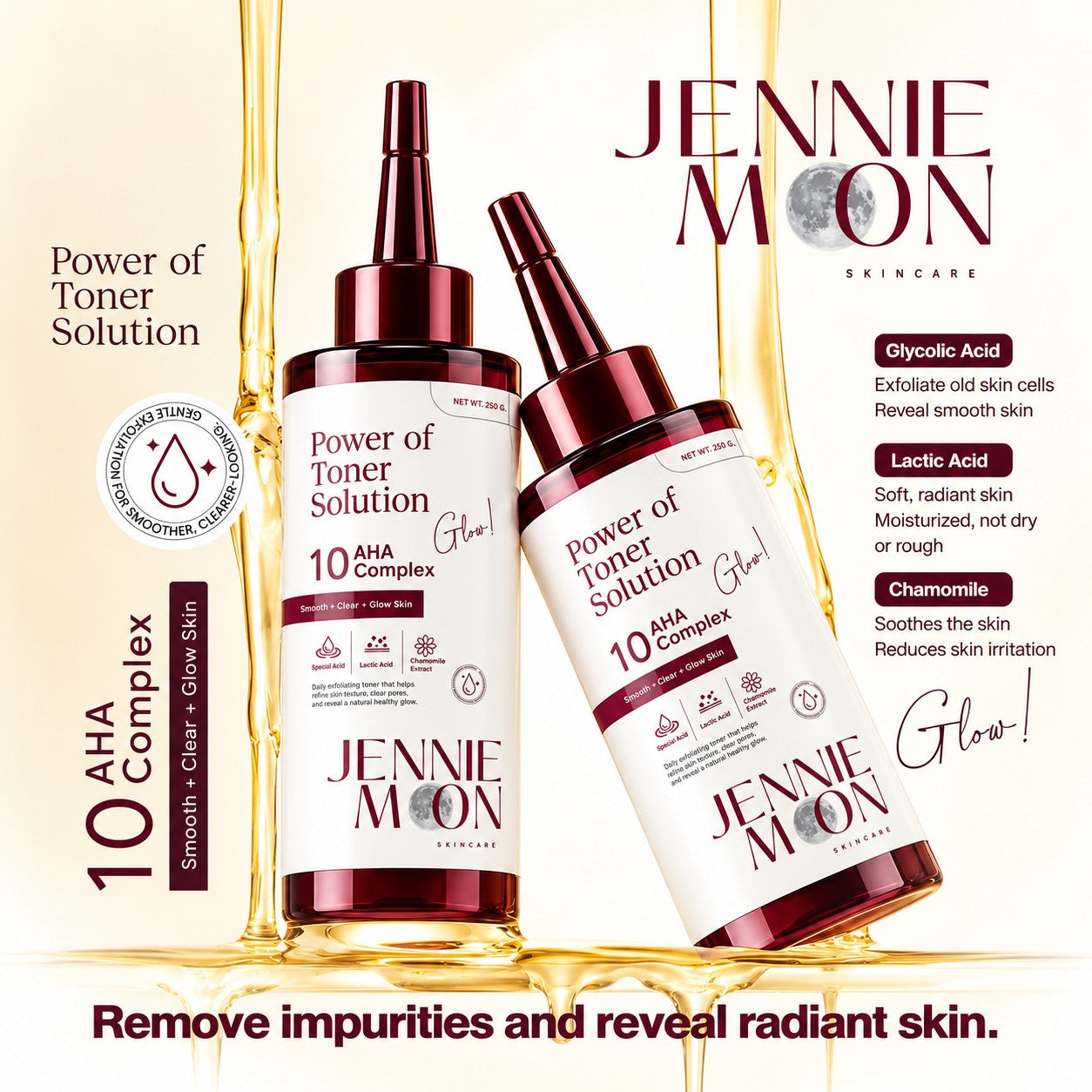 Jennie Moon Power of Toner Solution 250g with Glycolic Acid for smoother-looking skin texture