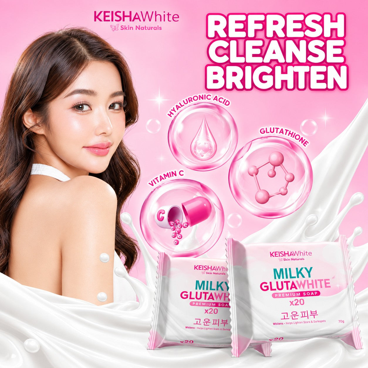 KEISHA White Skin Naturals Milky GlutaWhite Premium Soap 70g 10 Bars designed to leave skin feeling clean, soft, and refreshed after washing.