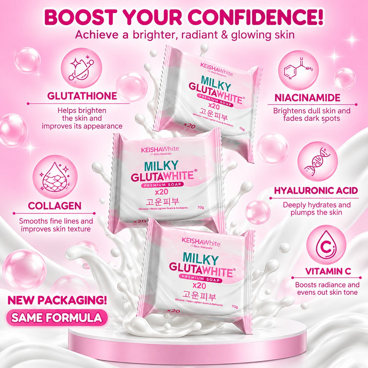 KEISHA White Skin Naturals Milky GlutaWhite Premium Soap 70g 10 Bars with a creamy cleansing formula for comfortable daily body care.