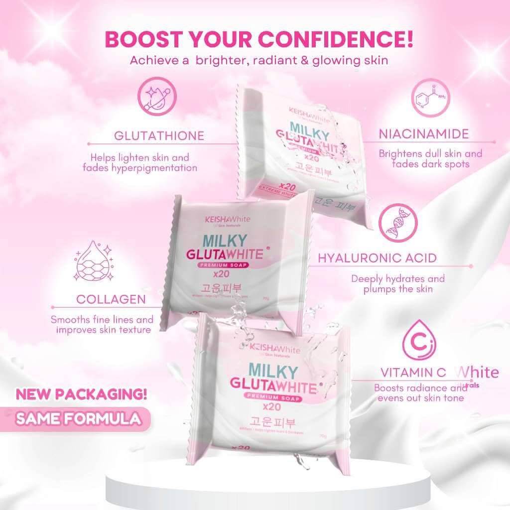 KEISHA White Skin Naturals Milky GlutaWhite Premium Soap with moisture-rich formula for smooth-feeling skin.
