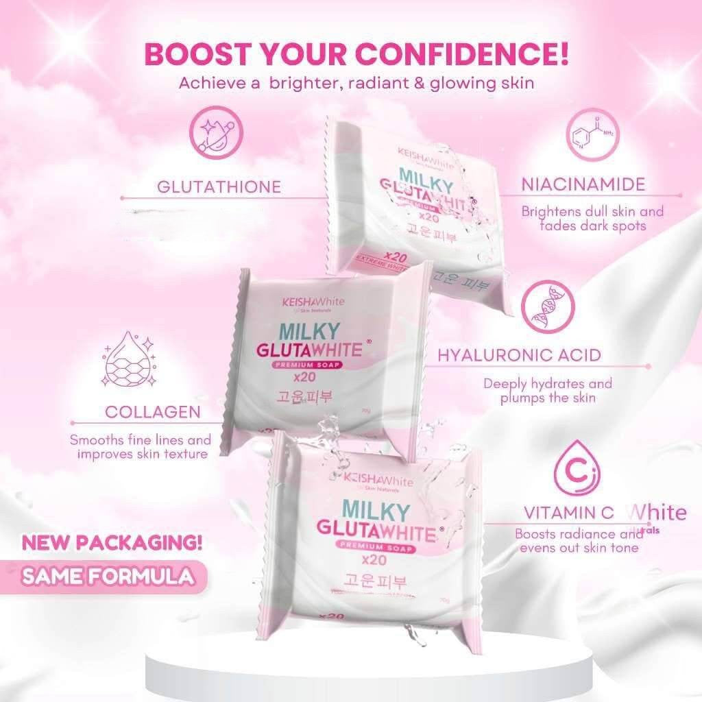 KEISHA White Skin Naturals Milky GlutaWhite Premium Soap 70g x 3 Bars